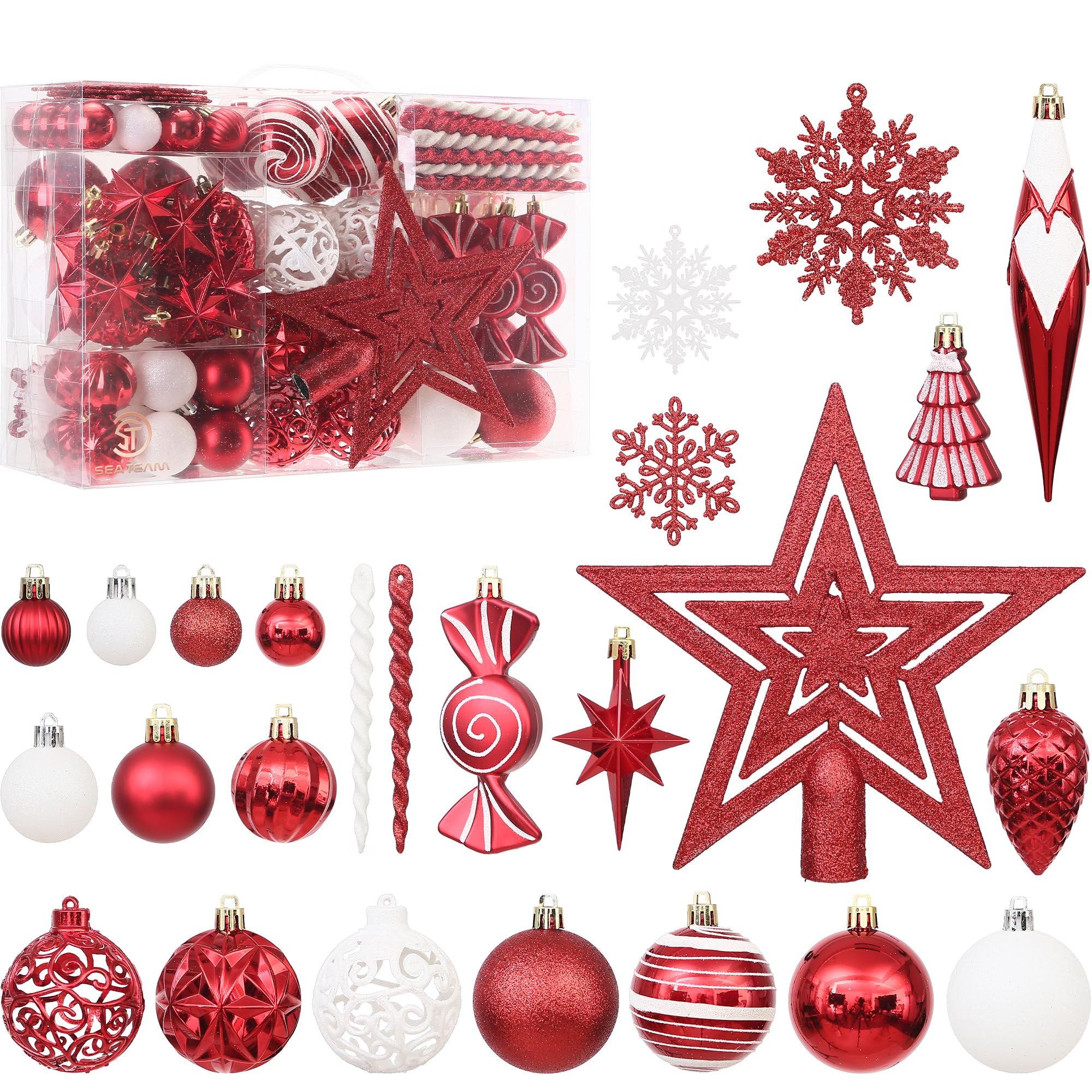 Sea Team Lot de 130 boules de Noël incassables assorties en plastique - Décoration de sapin de Noël, pendentifs, boules décoratives avec étoile de haut d'arbre pour sapin de Noël, guirlande (rouge)