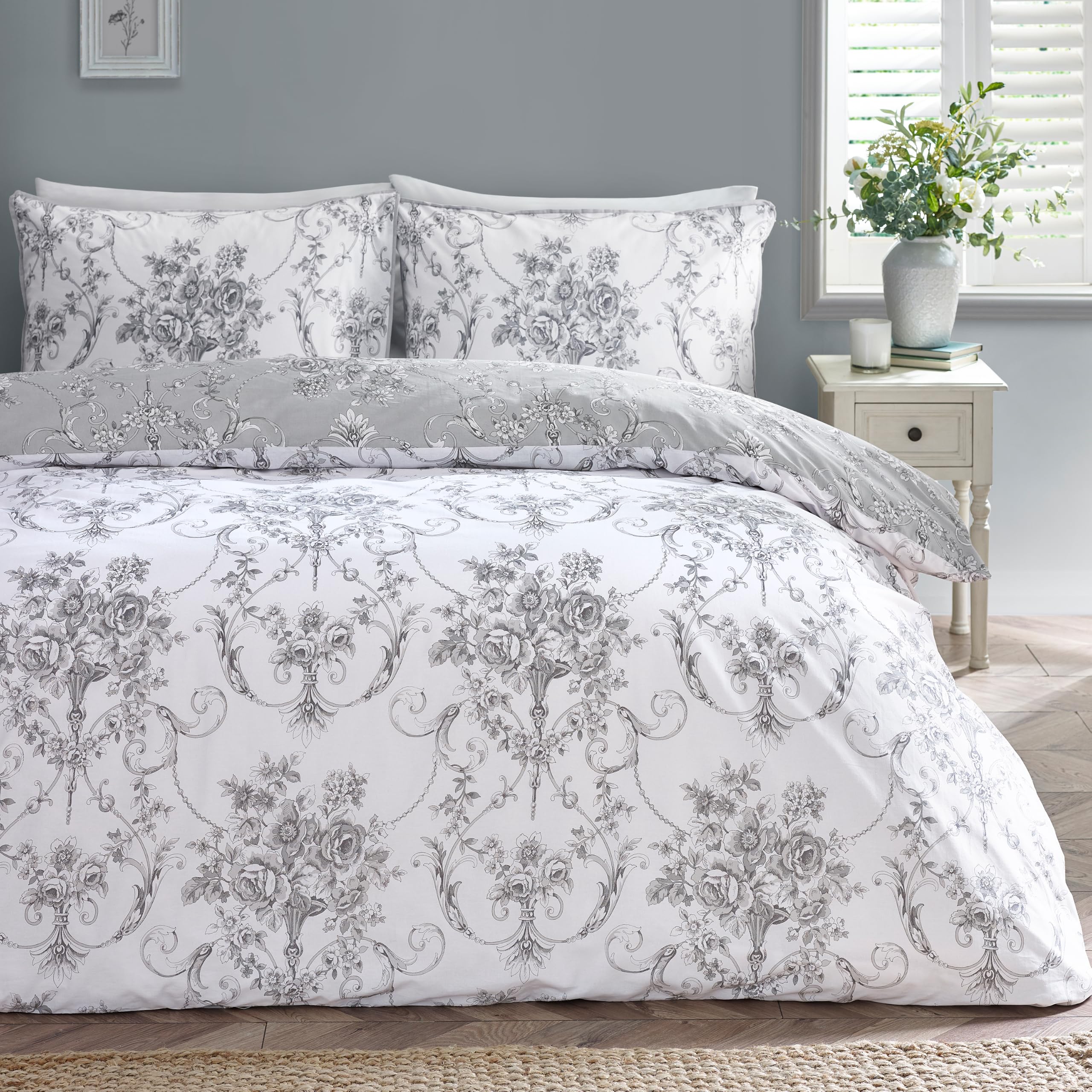 Catherine Lansfield Antoinette Damask Double Duvet Cover Set Grey