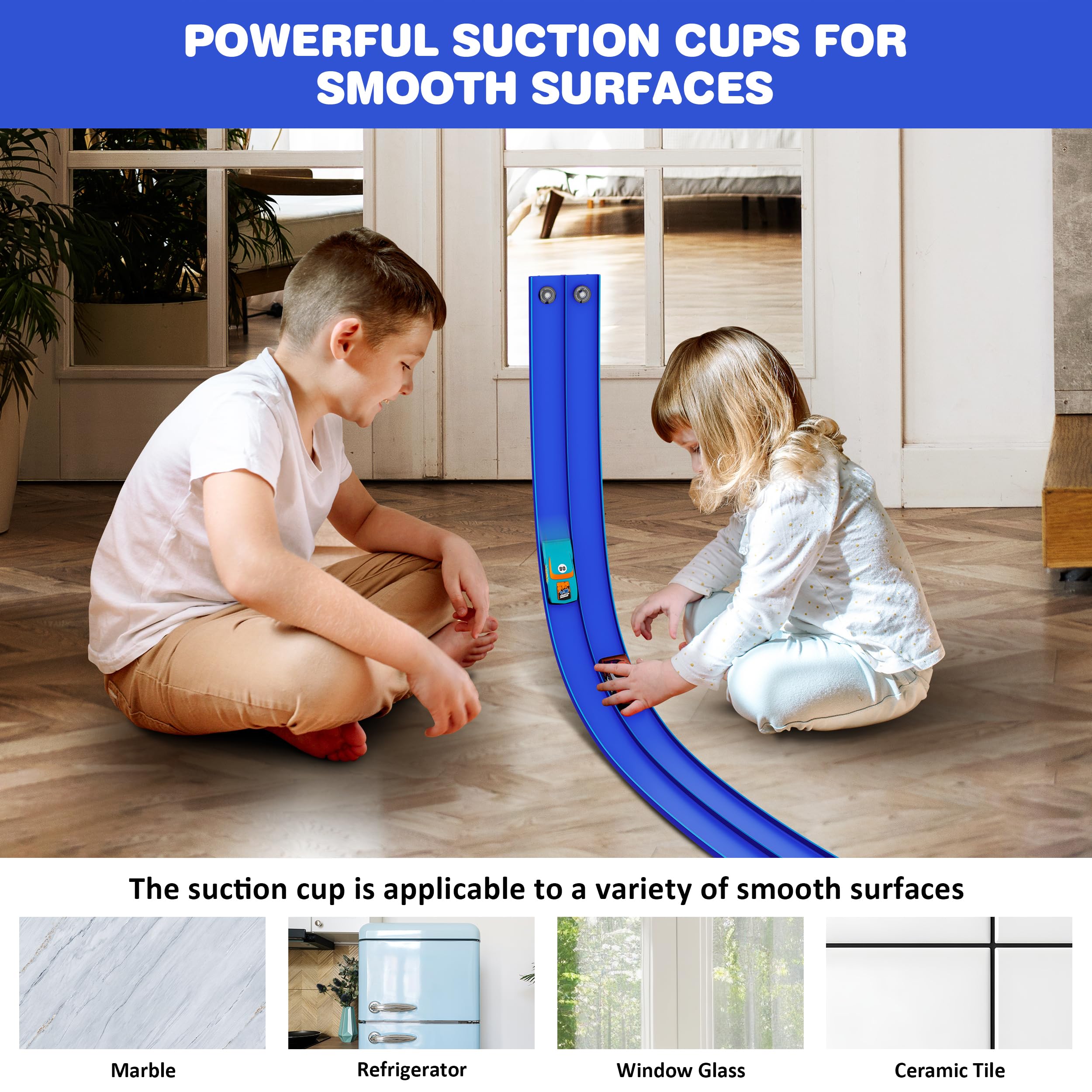 Rampa flexible de 16 pies para niños de juguete con ventosas, compatible con autos fundidos a presión 1/64, carreras, portátil, regalos de fiesta para niños de 3 a 10 años (azul carrera) 5