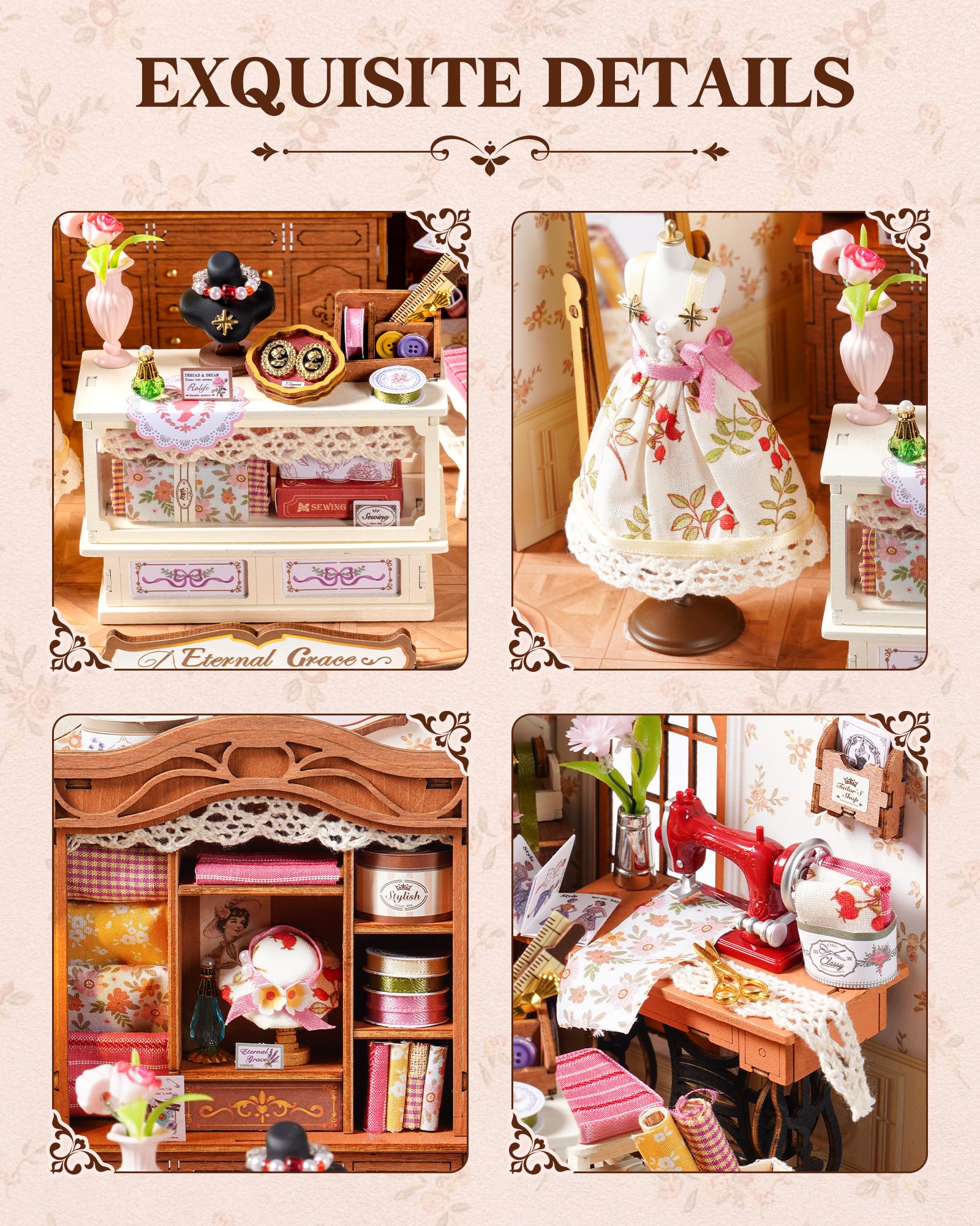 ROBOTIME Kit Casa delle Bambole in Miniatura Elsa's Tailoring, Kit di Costruzione in Legno con Luci LED, Miniature da Costruire per Adulti, Decorazione per la Casa, Regalo per Donne e Ragazze