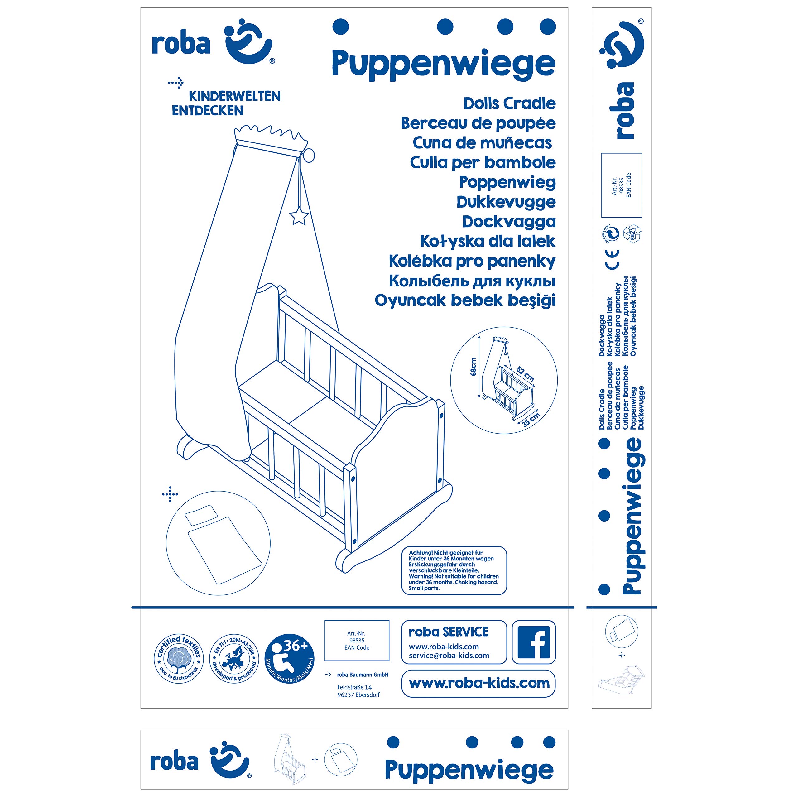 Roba 98535 Kołyska dla Lalek, Biały, 3 Sztuki