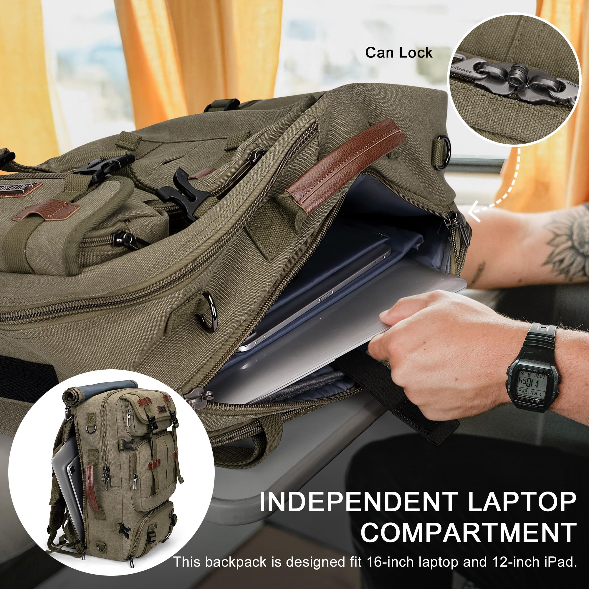 WITZMAN Canvas Reiserucksack Herren 40L Vintage 3-in-1 mit Laptopfach | USB-Anschluss, mehrere Fächer und flexible Tragemöglichkeiten, ideal für Reisen, Arbeit und Kurztrips, A8013 Armeegrün