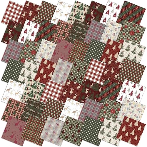 Oudain 60 Pcs 10 x 10 Inch Woodland Christmas Quilting Fabric Vintage Christmas Fat Squares Patchwork Precut Strips Reindeer Poinsettia Plaid Snowflake Fabric Bundles for Xmas Winter DIY Craft Sewing