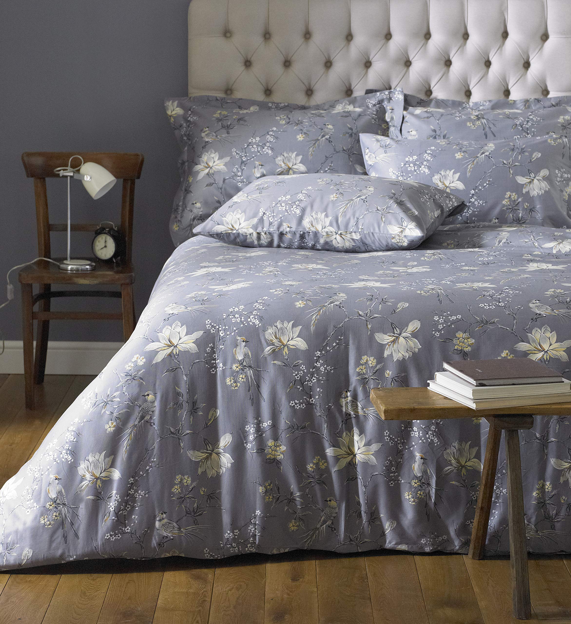 Great Knot 100% Egyptian Cotton Sateen printed Duvet Cover Set & Pillowcases Bird design (Grey, Single)