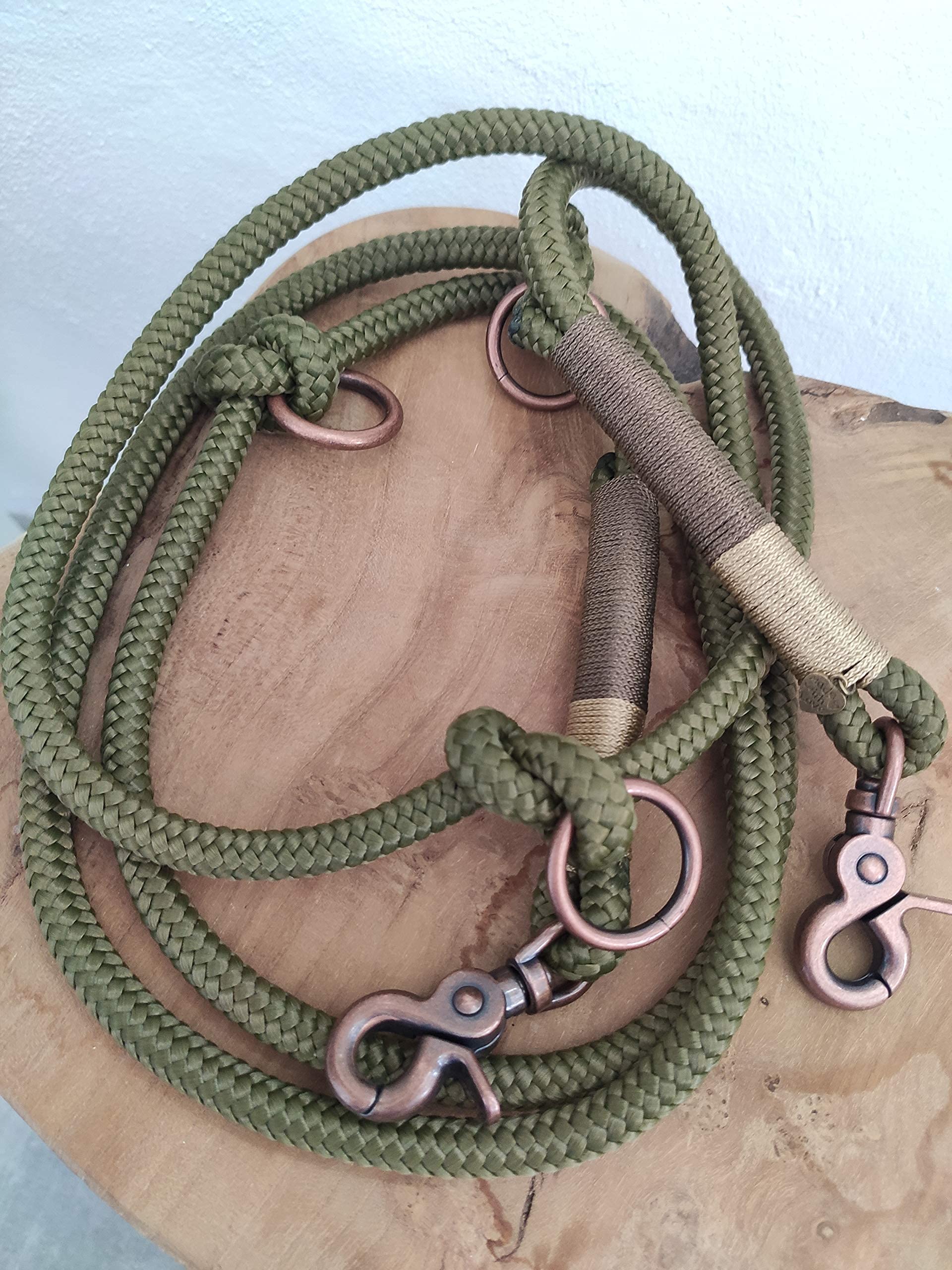 Tau Hundeleinen Halsband Set in Olivgrün und Kupfer | Verstellbare Hundeleine | Set WALDLUST
