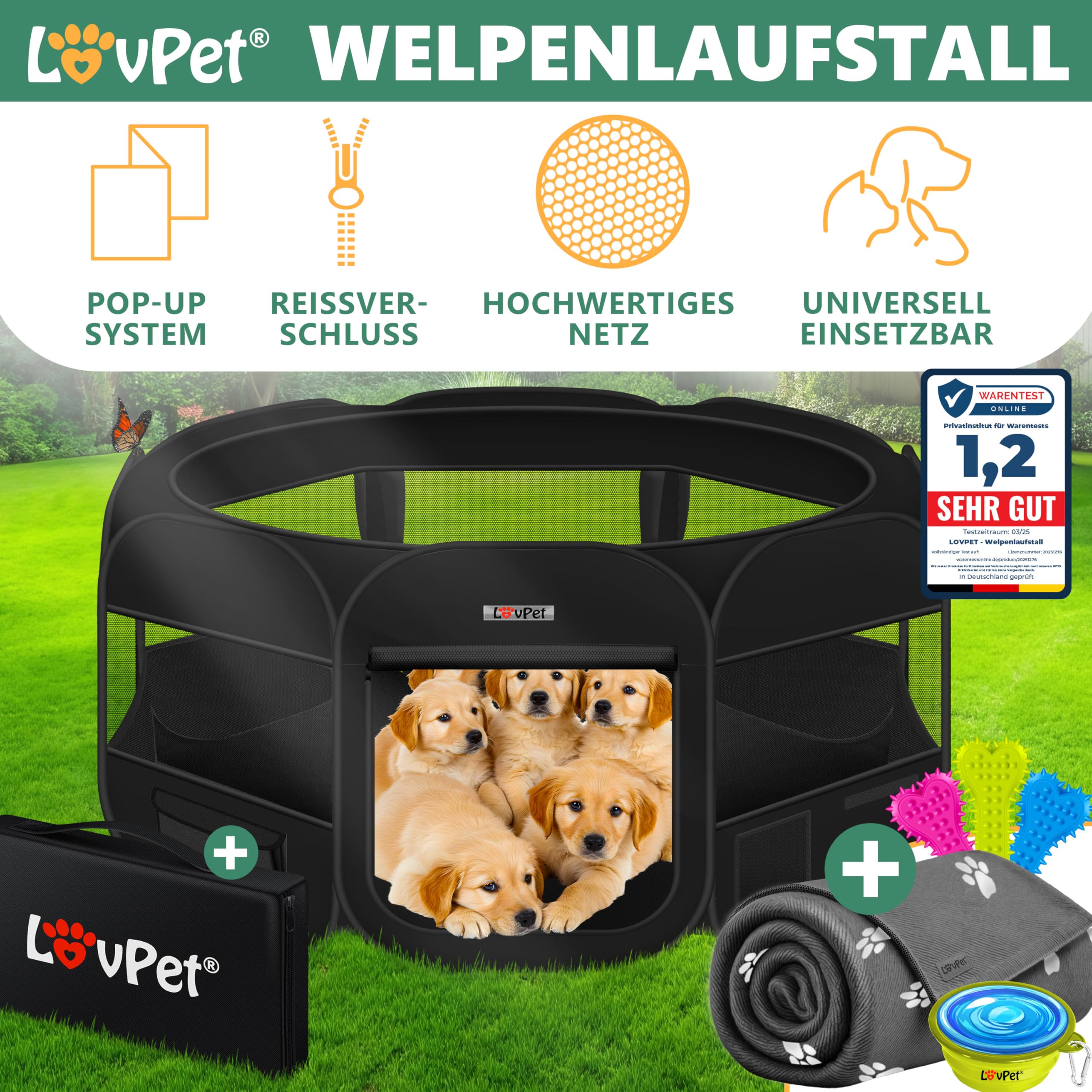 Lovpet® Recinto per Cuccioli e Piccoli Animali - Pieghevole per Cani, Gatti - Box Pop-up in Tessuto Oxford Con Ciotola - Recinzione per Animali