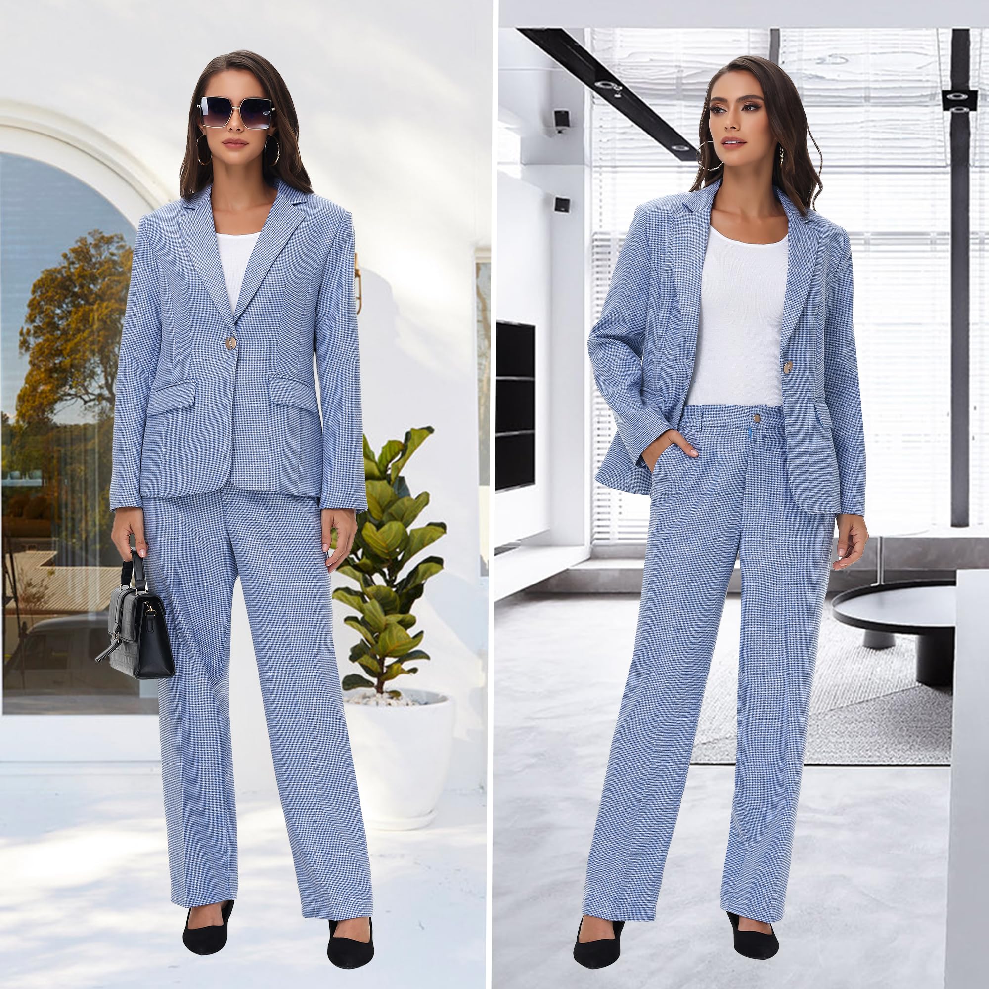 Completo da donna, set da 2 pezzi, pantaloni da lavoro, blazer pied de poule gessato