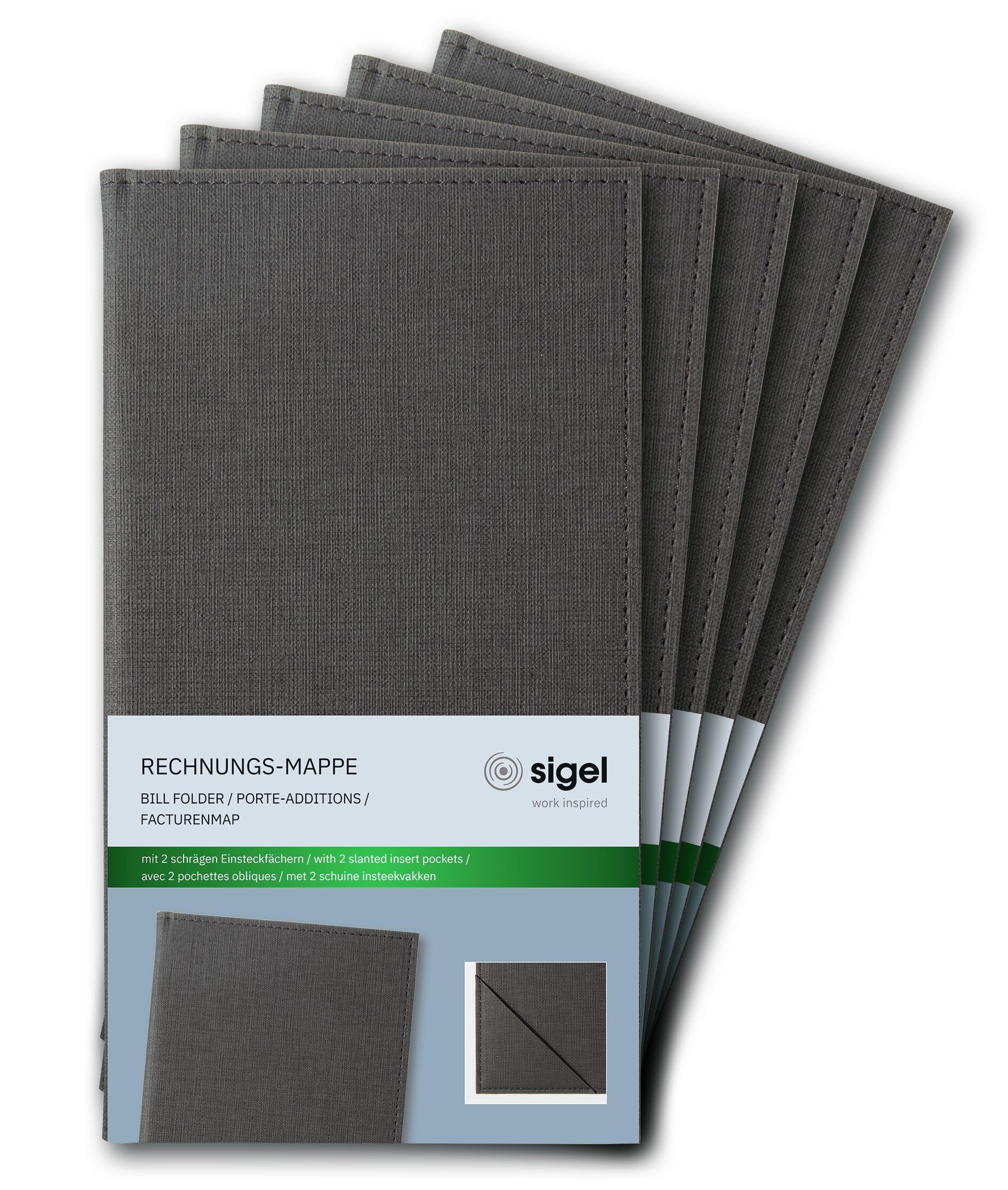 SIGEL RM101/5 Rechnungsmappe, anthrazit mit edler Leinenstruktur, 5er Pack, strapazierfähig und leicht abwischbar, 23 x 13 cm