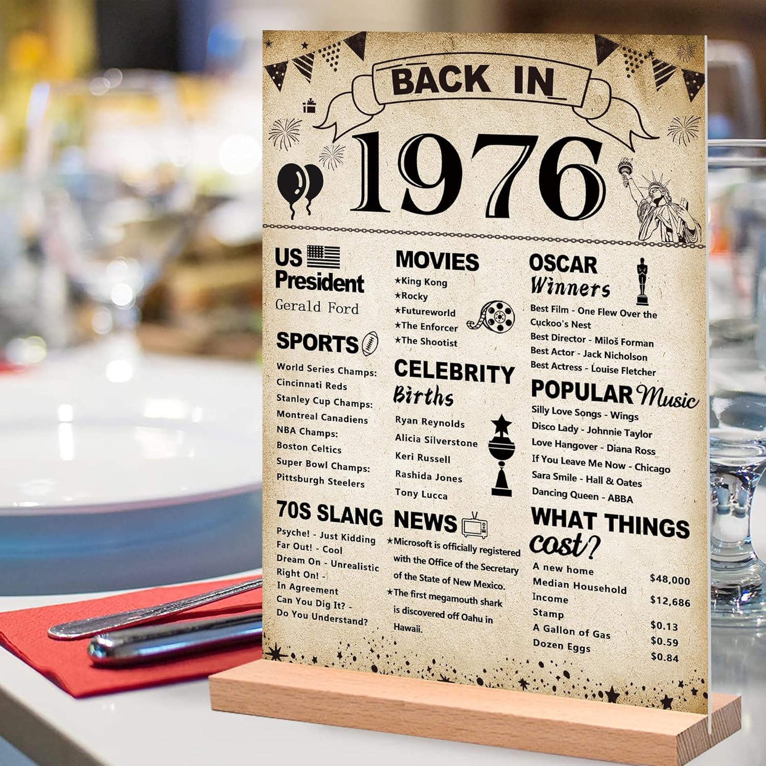 DARUNAXY 50th Birthday Party Decorations, Vintage Back in 1976 Poster Acrylic Sign with Stand 50 Year Old Party Supplies for Men& Women Vintage 1976 Table Decor 50th Anniversary Class Reunion Gifts - Image 4