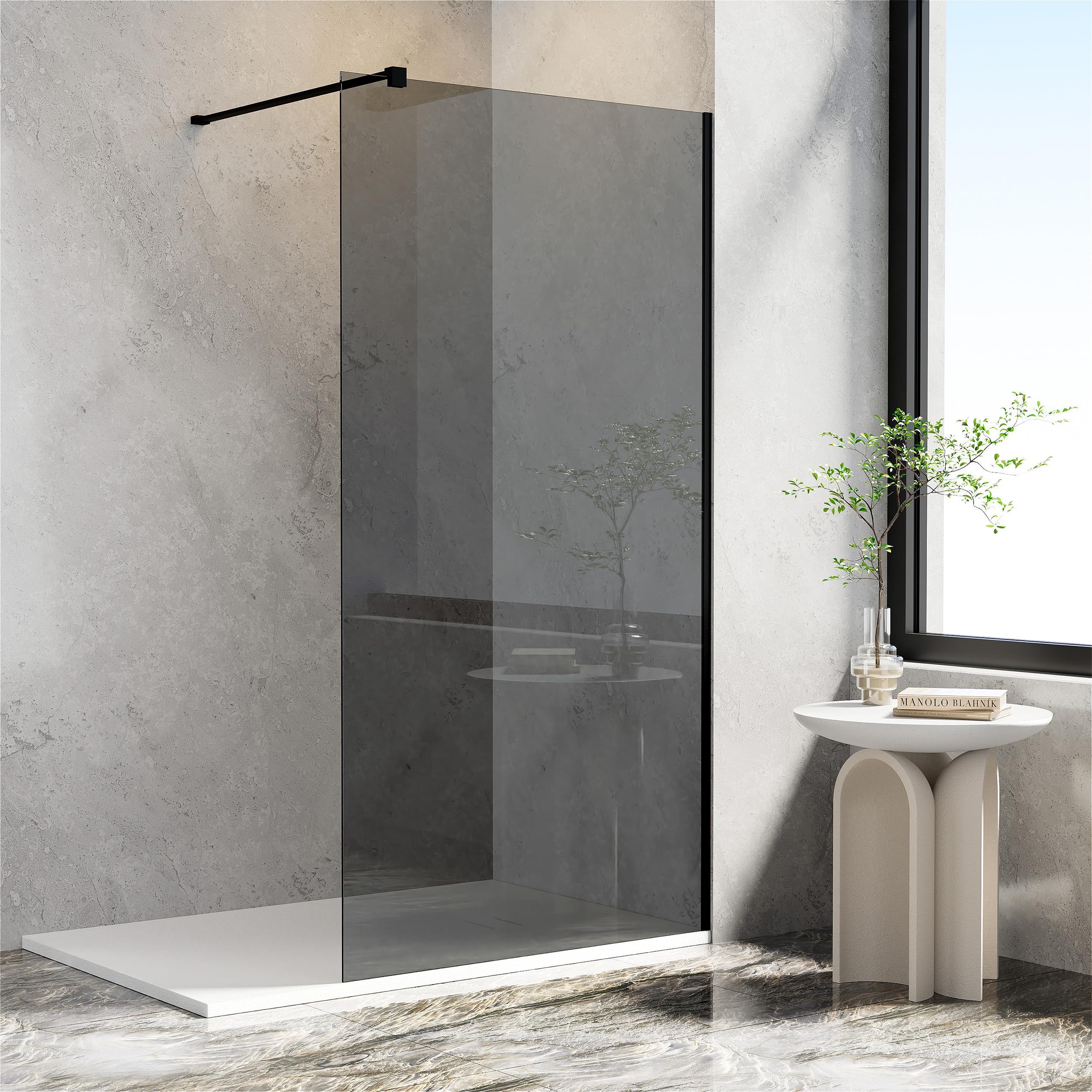 AQUARA Walk in Shower Screen, 1000 x 1900mm Shower Enclosure with 8mm Easy Clean Grey Toughened Saftey Glass, Black Wet Room Shower Cubicle with Support Bar