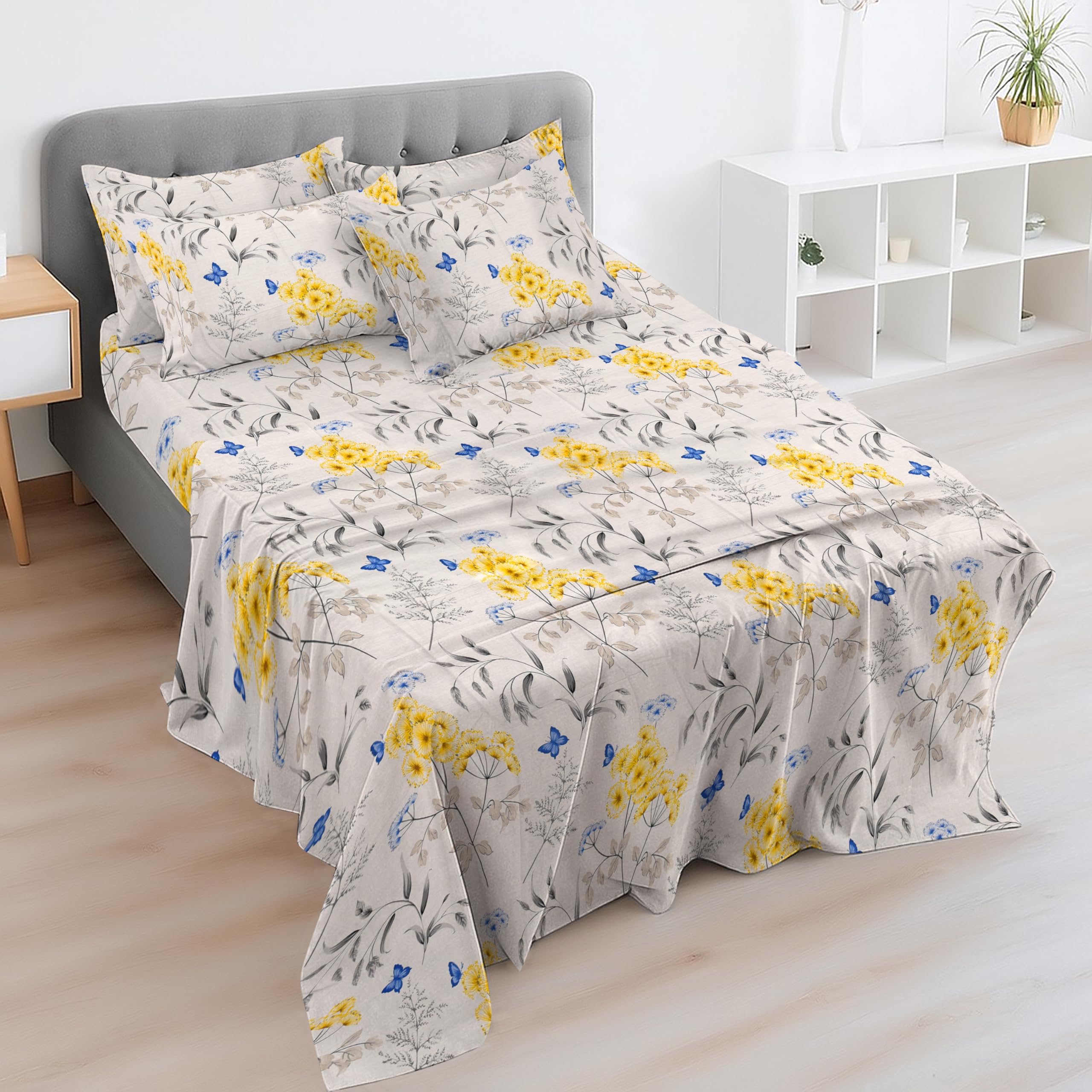 Eversoft Bedding Butterflies Eversoft 4Ft Small Double Bed Sheet Set | 100% Egyptian Cotton 400Tc | Deep Fitted & Flat Sheet + 2 Pillowcases | Soft Floral Print Luxury Bedding