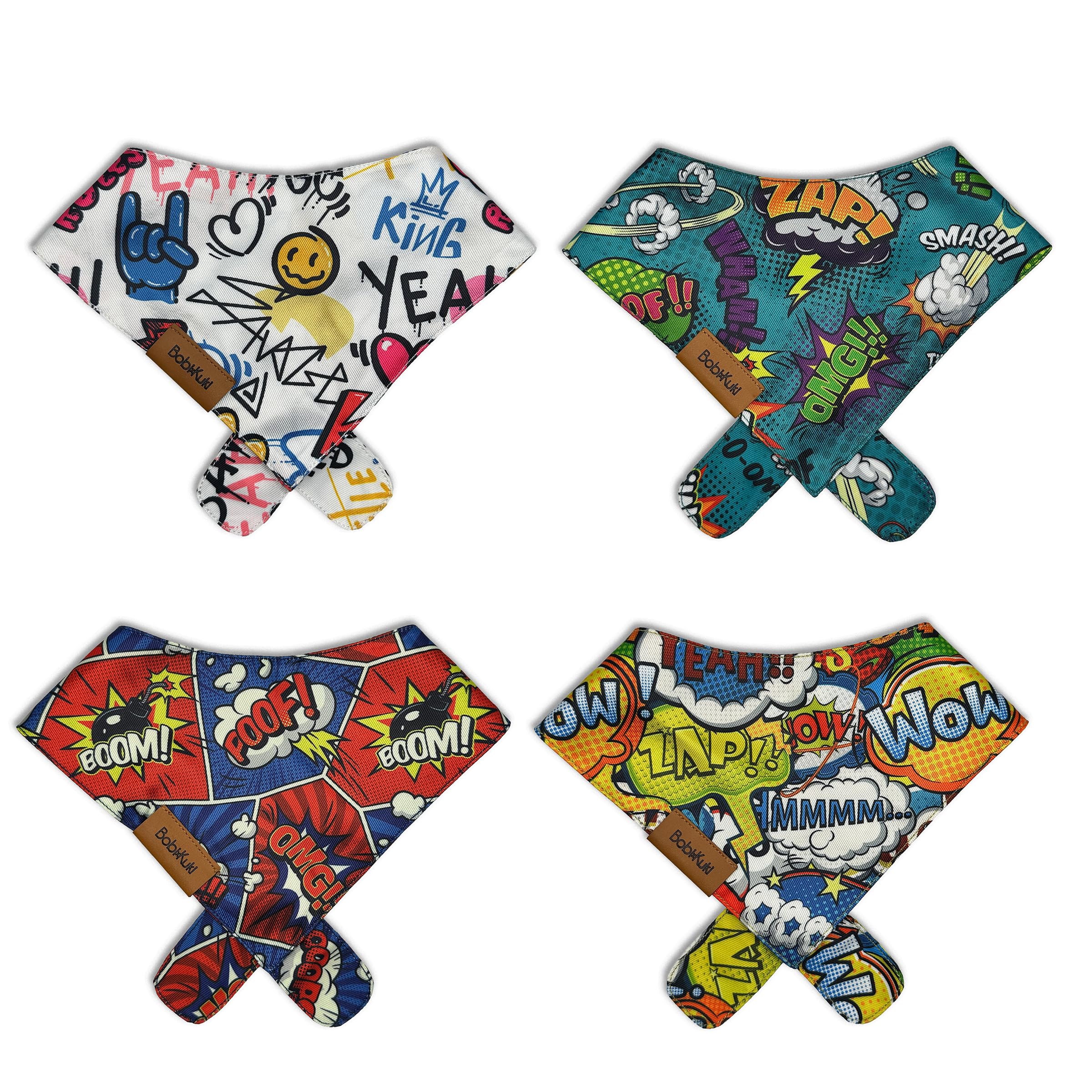 Bobi X KukiBobi x Kuki - Doodle Design 4 Pack - Dog Bandana - Adjustable Fit, Durable Fabric, Comfortable Ergonomic Shape - Perfect Dog Stuff for Dog Lovers - Small Dog Collar/Bandana Accessories (Small)