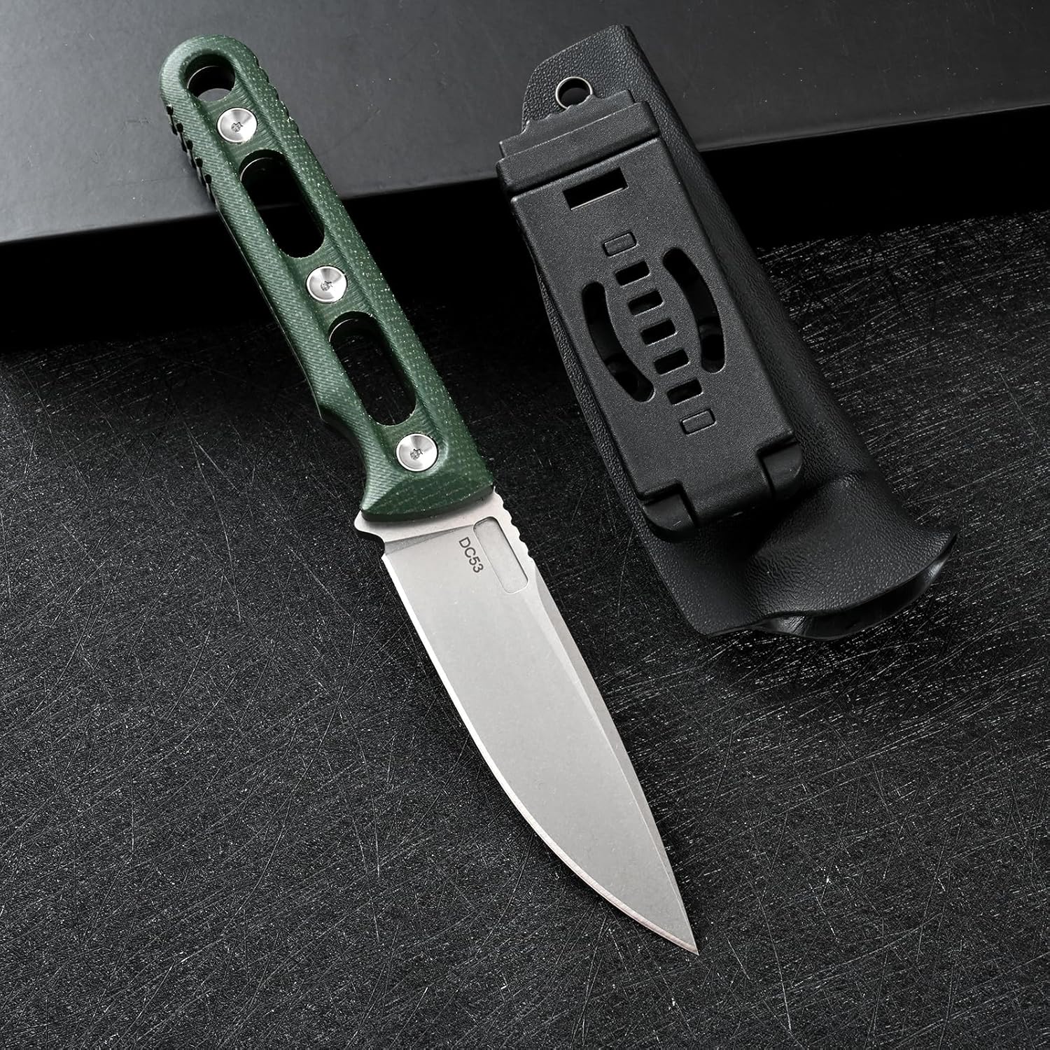 Knives DC53 Steel 3.66“Tactical Fixed Blade Knife Micarta Handle with kydex sheath for Men EDC Outdoor Camping Survival Hunting (White stone wash+green handle)