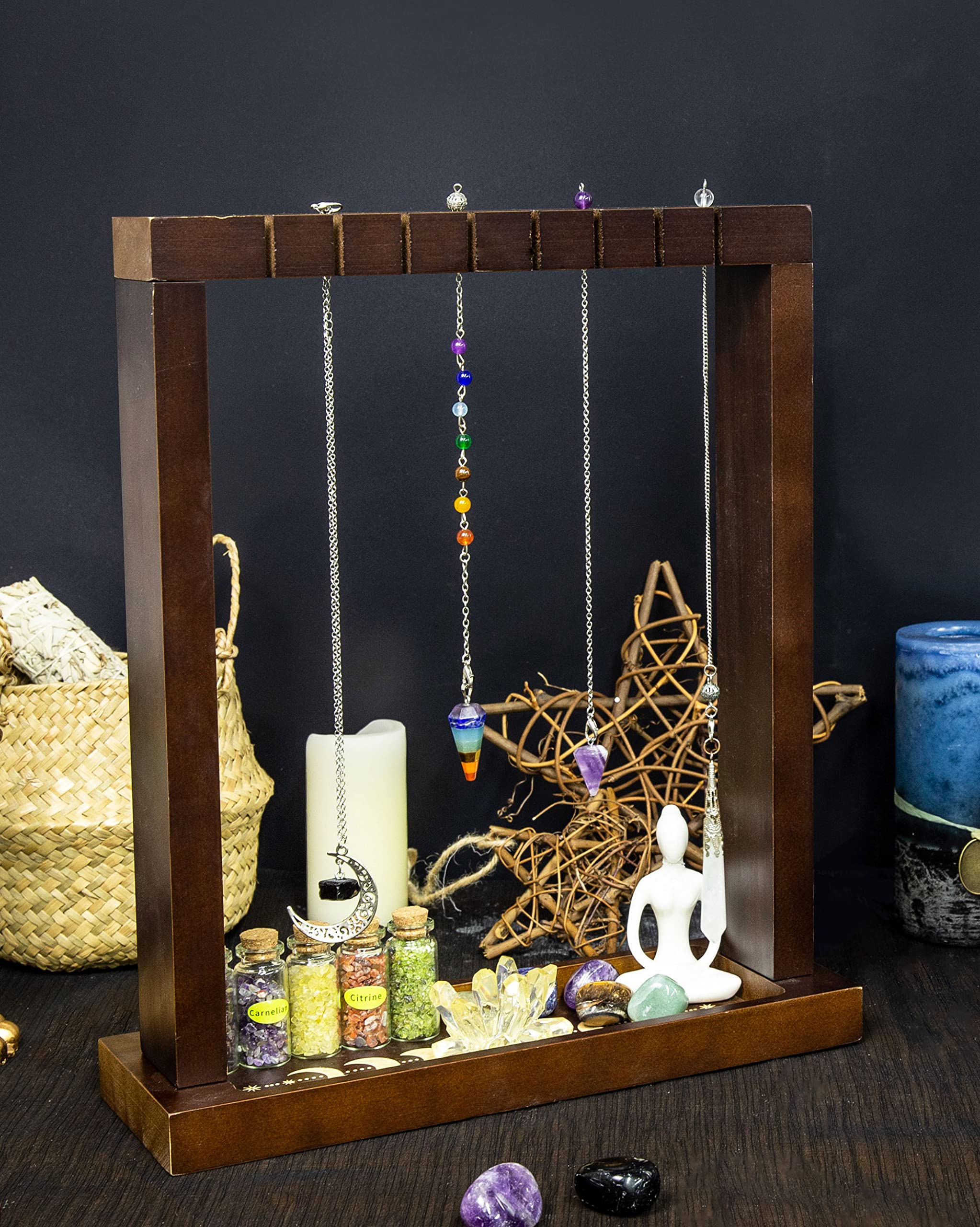 Mondphasen-Pendelständer mit Tablett, Holz-Wicca-Kristallhalter für bis zu 15 Pendel, Hexenzubehör, Hexen-Organizer für Räucherstäbchen, Ladehalskette, Heilstein-Rack