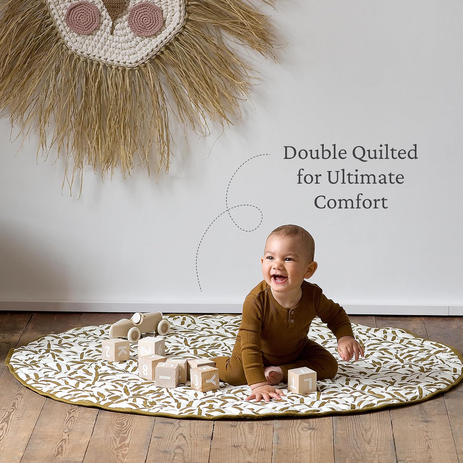 Toddlekind 100% Organic Cotton 48" Reversible Quilted Luxe Play Mat for Babies/Toddlers, Multifunctional, Sand Castle (Ochre/Gold)
