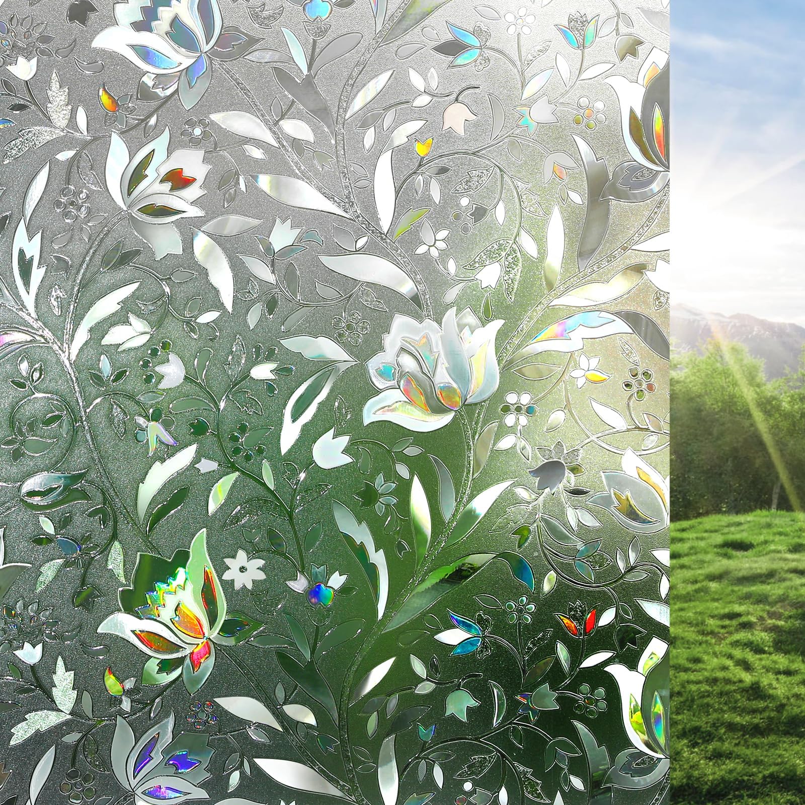 rabbitgoo Fensterfolie Selbsthaftend Blickdicht Sichtschutzfolie Fenster 3D Fensterfolie Glasfolie Dekofolie Statisch Haftend Blumen Tulpe