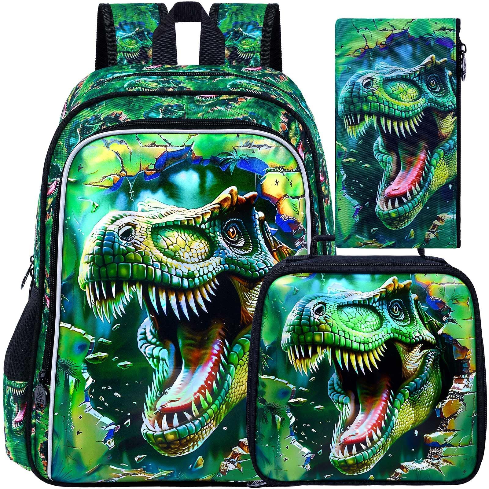 ZLYERT 3Pcs Boys Backpack, 16" Dinosaur Bookbag for Elementary Preschool Kindergarten, Dino Kids School Backpacks with Lunch Box(Green)