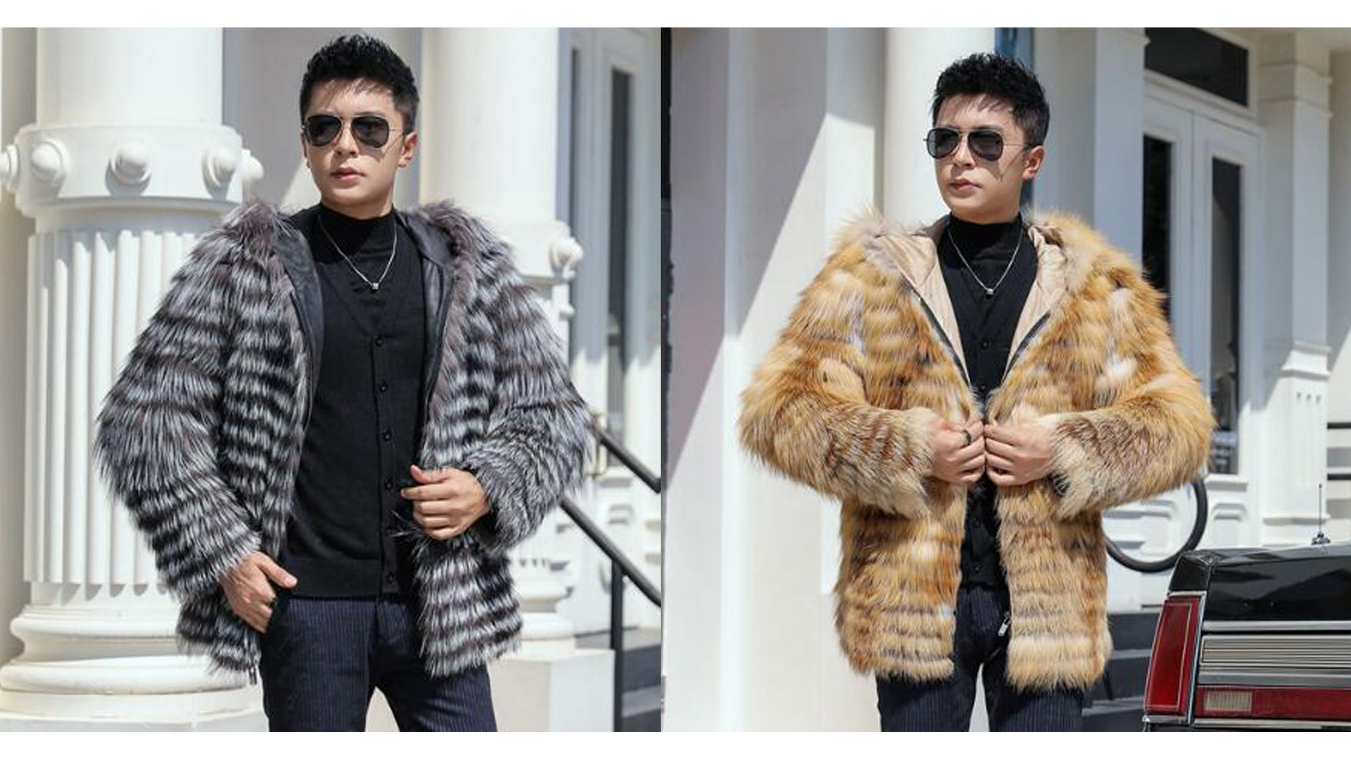 Denny&Dora Mens Hooded Warm Winter Genuine Fox Fur Jackets Natural