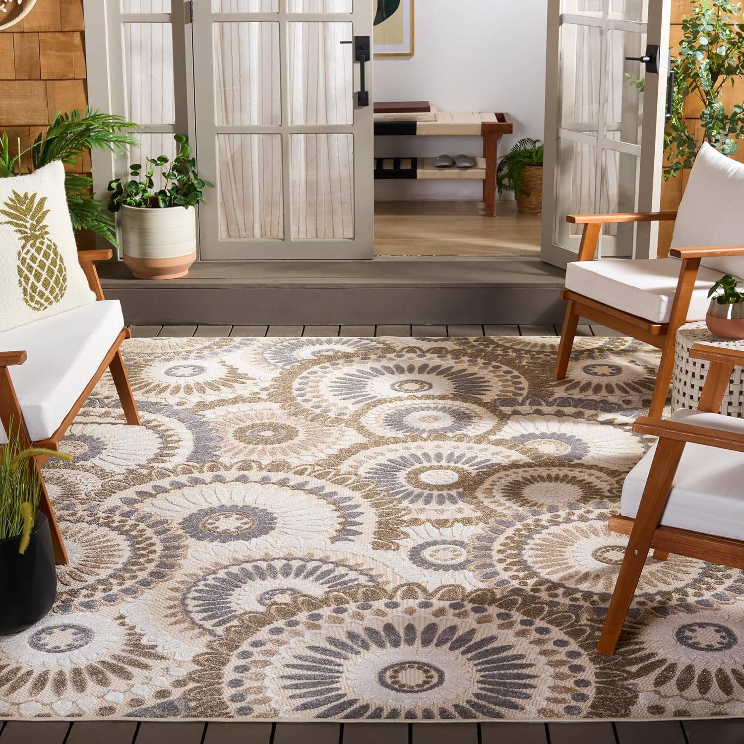 SAFAVIEH Washable Rug Outdoor Cabana Collection - 5'3" Round, Grey & Blue, Non-Shedding & Easy to Clean, Ideal for Patio, Backyard, Mudroom (CBN382G)