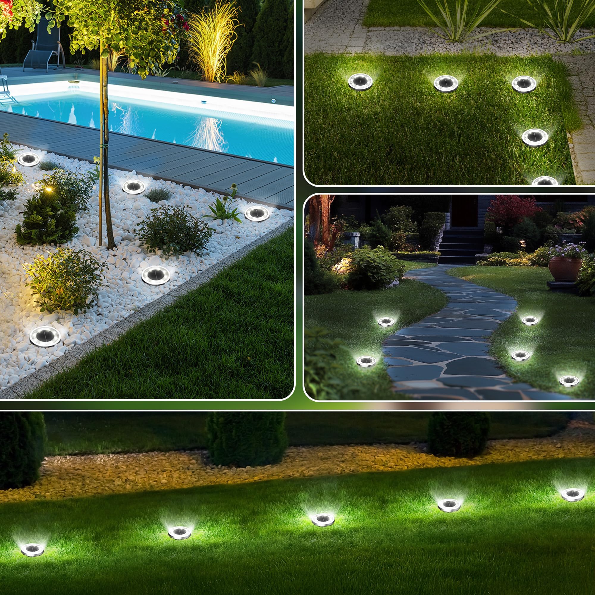 INCX Luces solares de suelo, paquete de 16 luces solares para exteriores, impermeables, luces solares de jardín, iluminación de paisaje para patio, camino, césped, terraza, entrada, pasarela, blanco