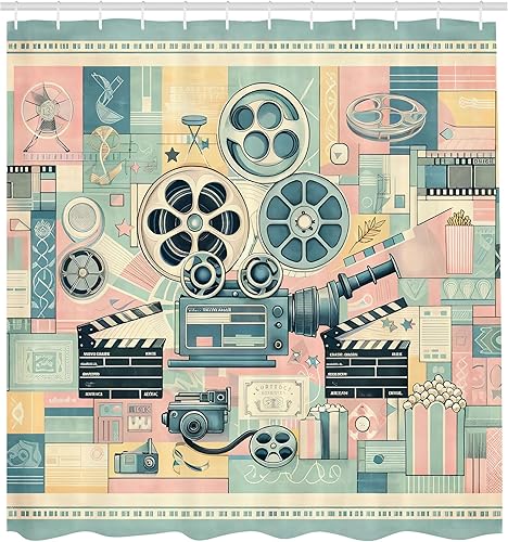 Miniatura 4 de Ambesonne Cortina de ducha para amantes del cine, obra de arte cinéfilo de película retro con ruedas y tablilla, juego de decoración de baño de tela