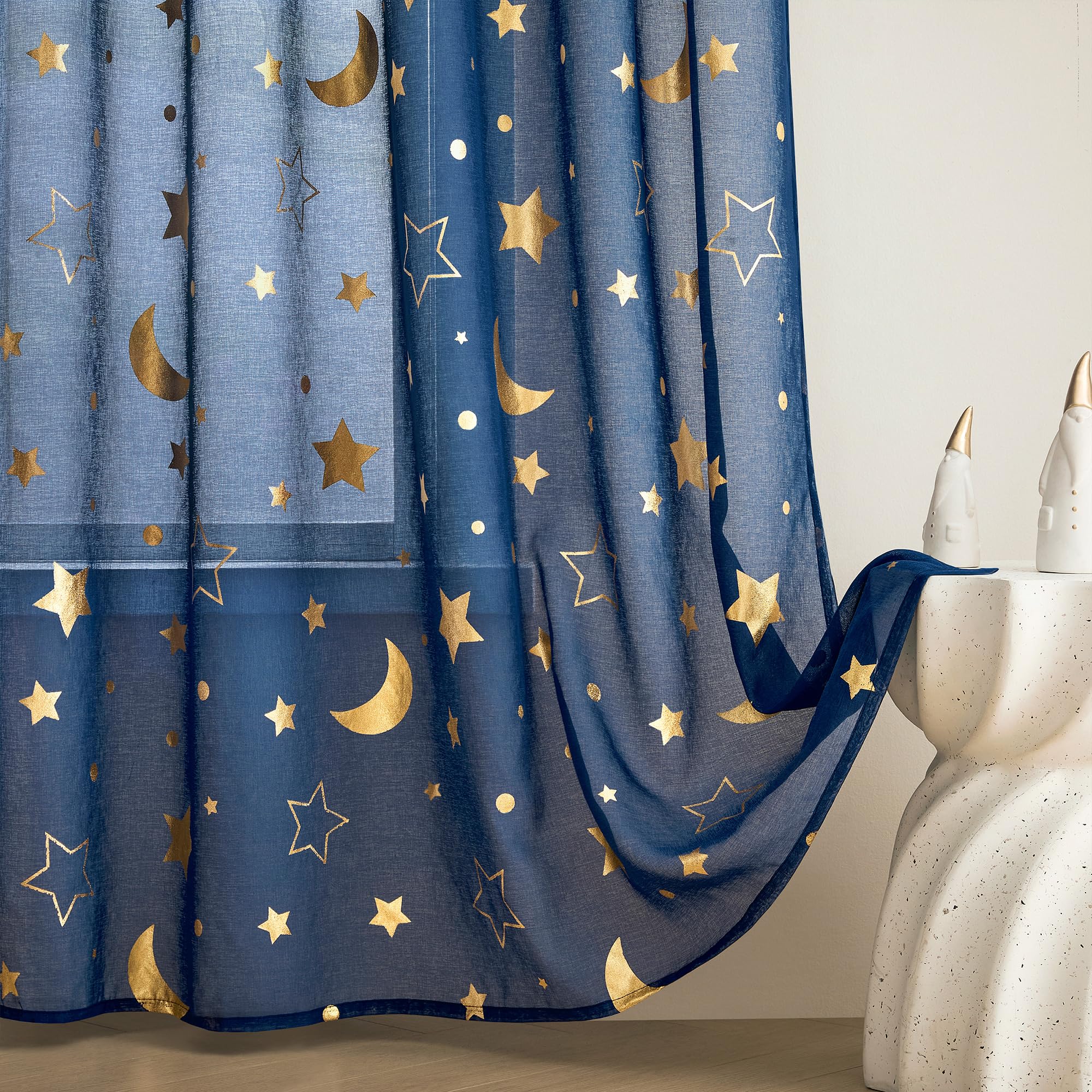 WUBODTI Navy Blue Star Sheer Curtains for Kids Room Nursery 84 Inches Long，Gold Star and Moon Patterned Semi Sheer Faux Linen Boys Curtains Rod Pocket Light Filtering Curtain Drapes 2 Panels