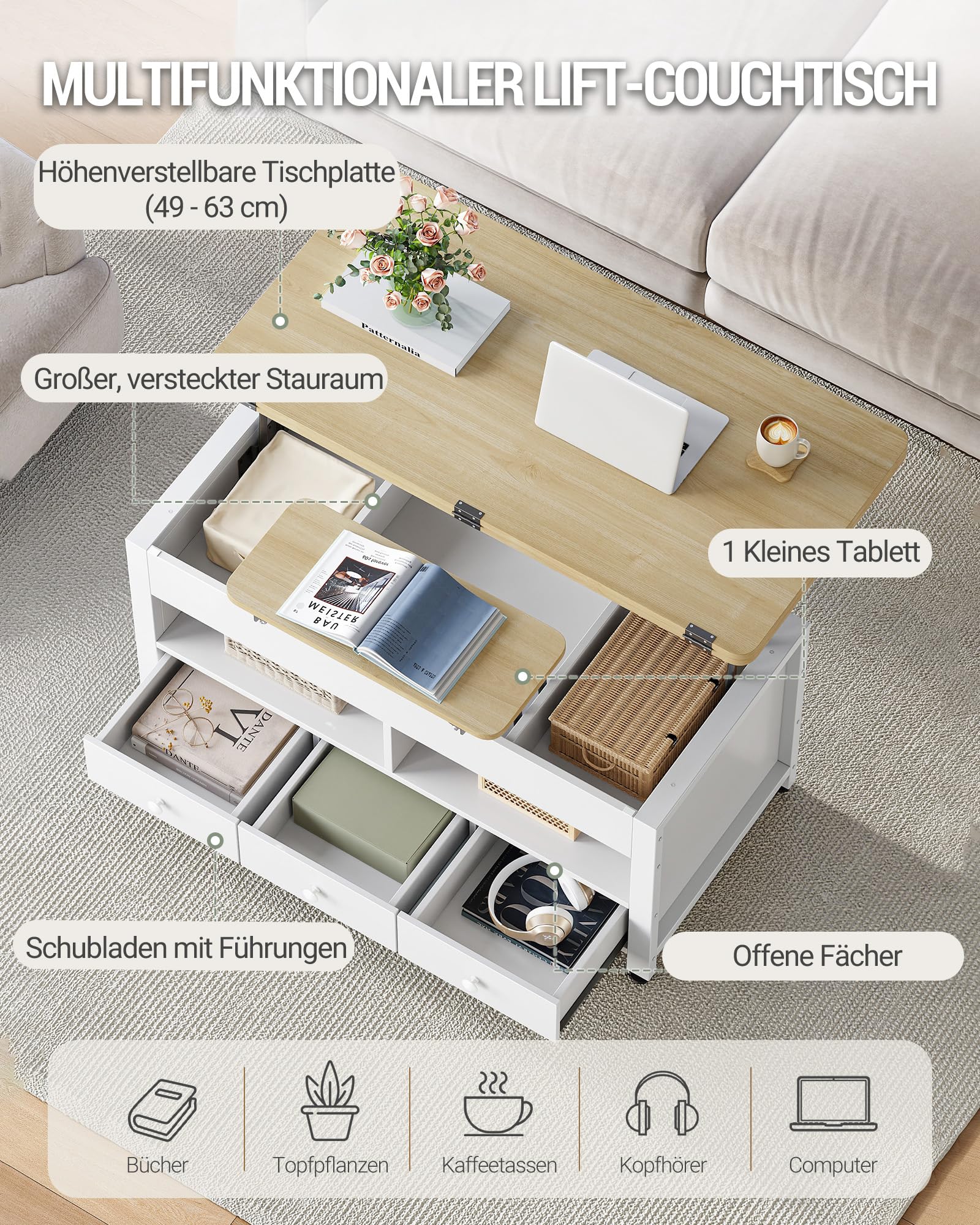 Hzuaneri Couchtisch, Höhenverstellbarer Wohnzimmertisch mit 3 Schubladen und 2 Fächer, 50 × 100 × 45 cm, Kaffeetisch Fach Umwandelbar in Esstisch, für Wohnzimmer, Homeoffice, Weiß-Eichefarben CT22231W