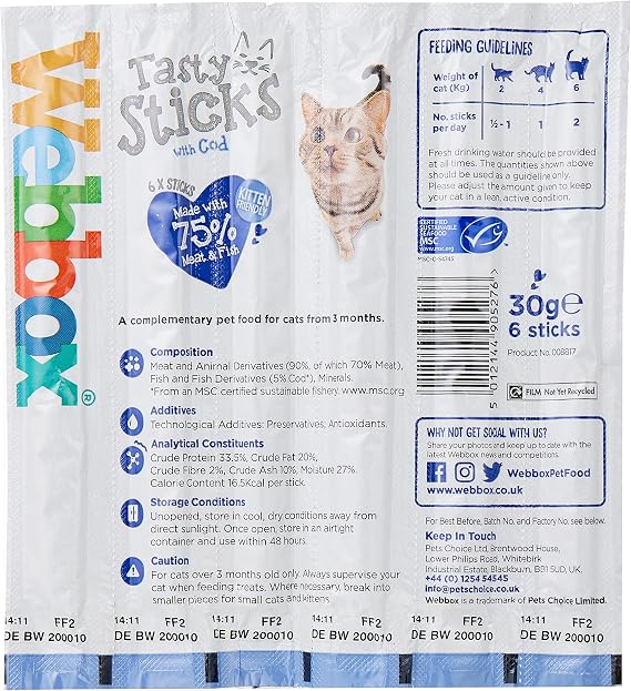 Webbox Cats Delight Tasty Sticks with Cod, 6 x 30g