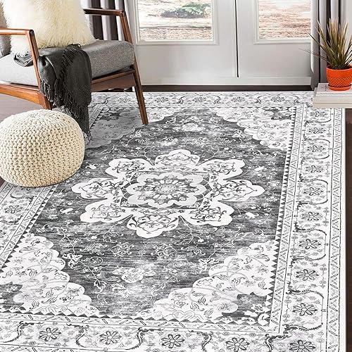 Ileading Alfombra bohemia vintage de 5 x 8 pies, lavable a máquina, de pelo bajo, no desprende pelusa, antideslizante, para dormitorio, comedor,