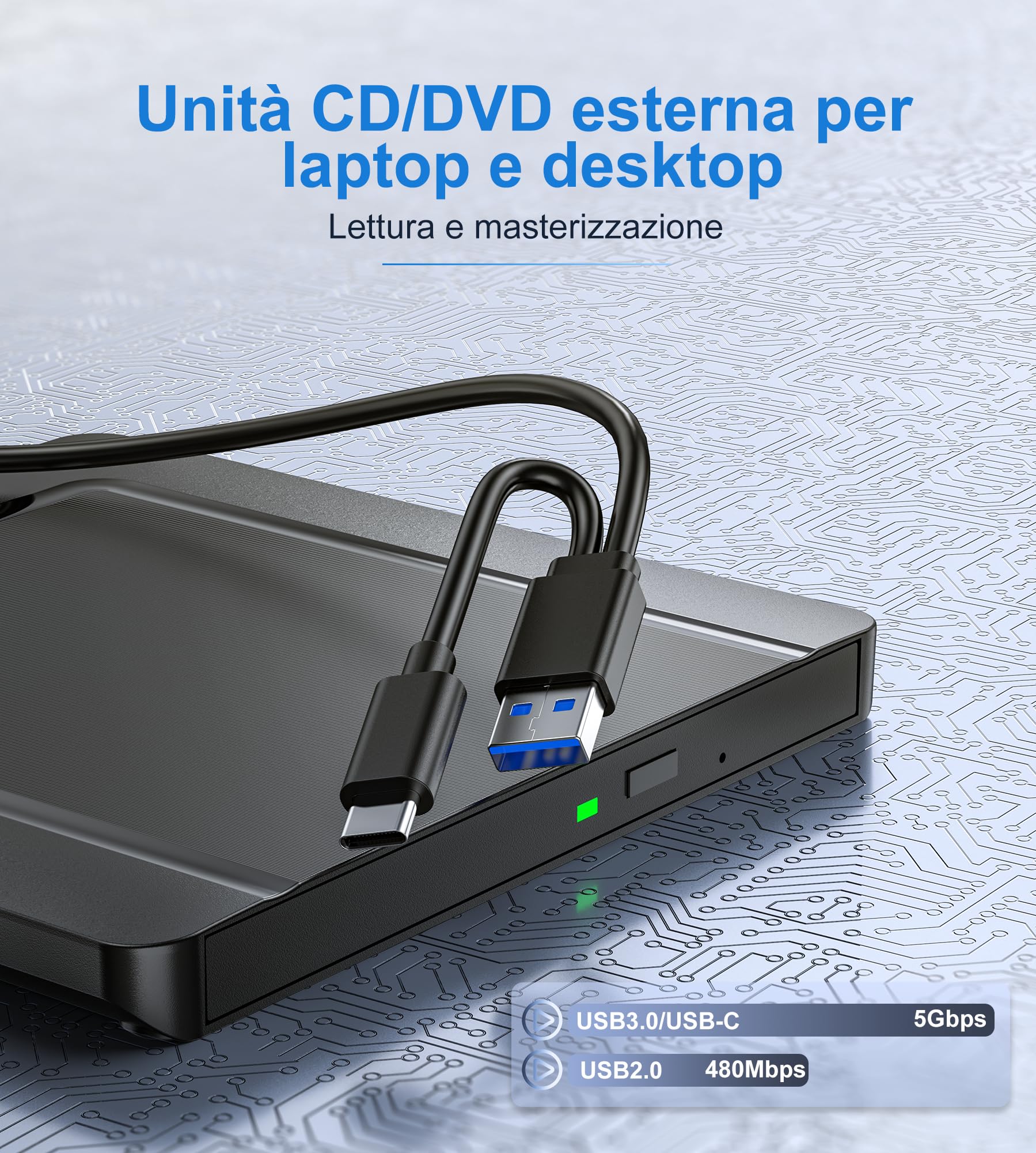 Lettore DVD CD Esterno per PC Portatile, Supersottile Masterizzatore CD/DVD +/-RW Drive CD ROM Unità DVD Esterne per Windows 11/10/8.1/7/XP/Vista/Linux/MacOS/Linux/Laptop/Desktop
