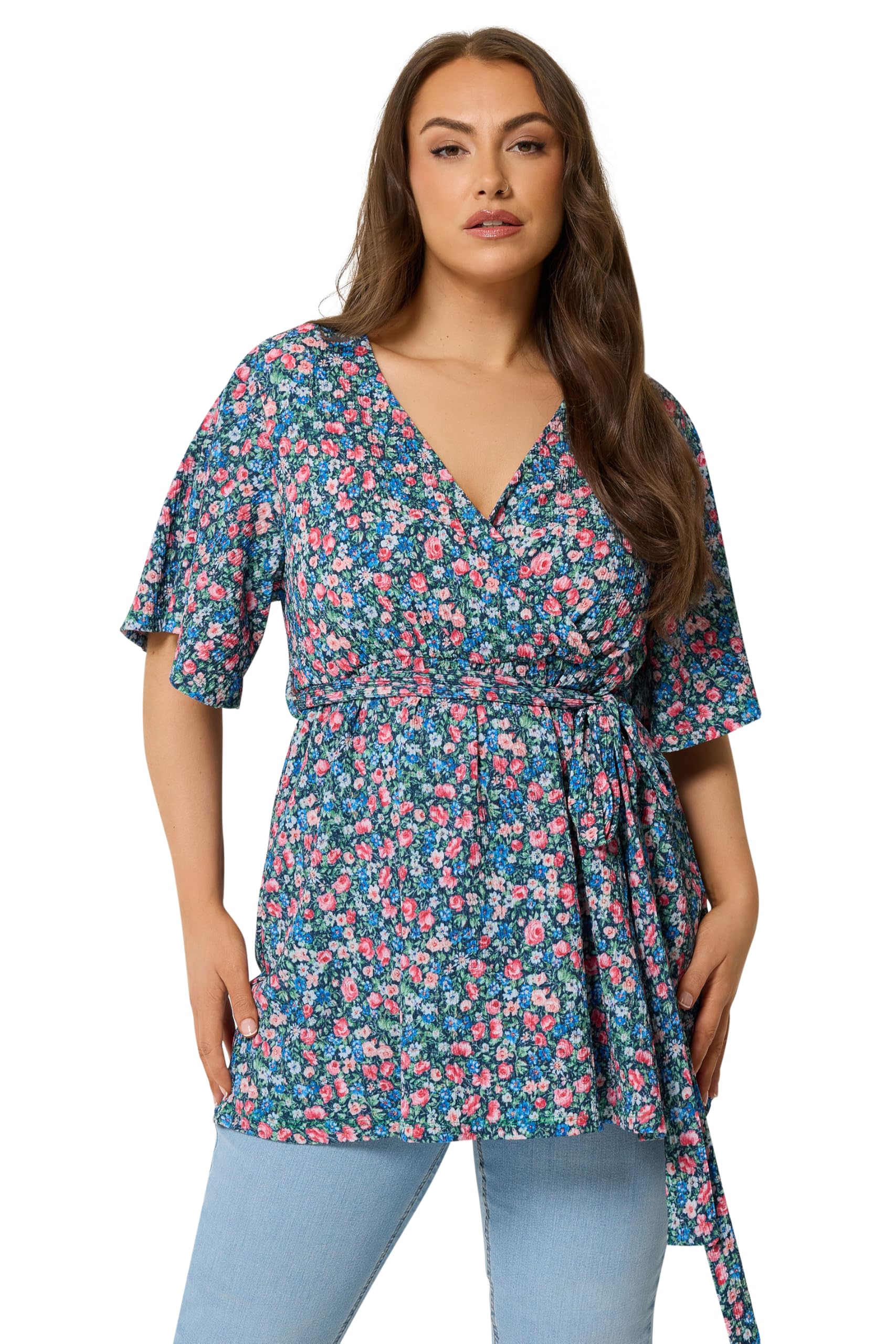 Yours Women's Dark Blue Floral Textured Wrap Top In | Size: 30-32