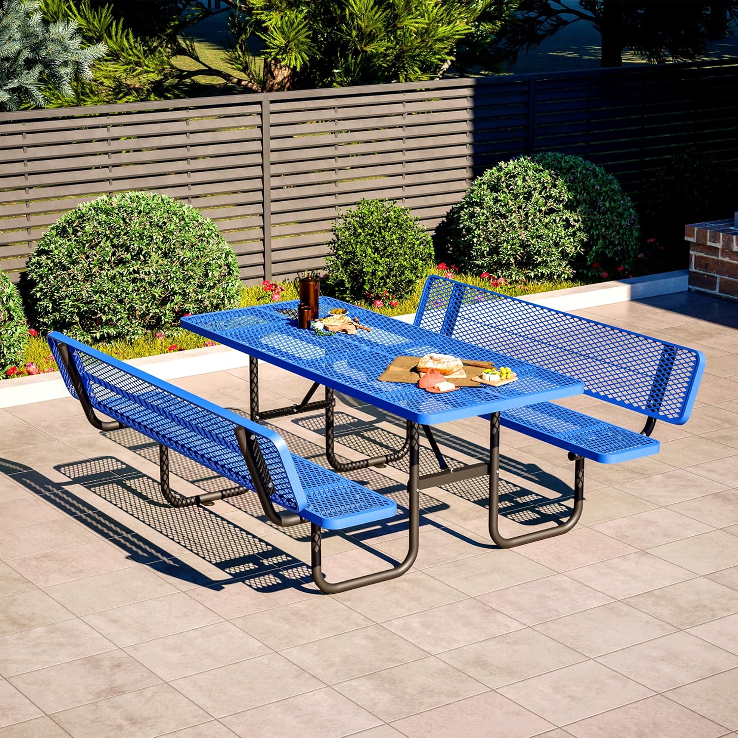 72" Heavy-Duty Iron Mesh Picnic Table Set with Backrest & 1.73’’ Umbrella Hole, Commercial-Grade Outdoor Metal Table for Patio, Garden or Park–Rust-Resistant, Heat-Proof, All-Season Use, Blue