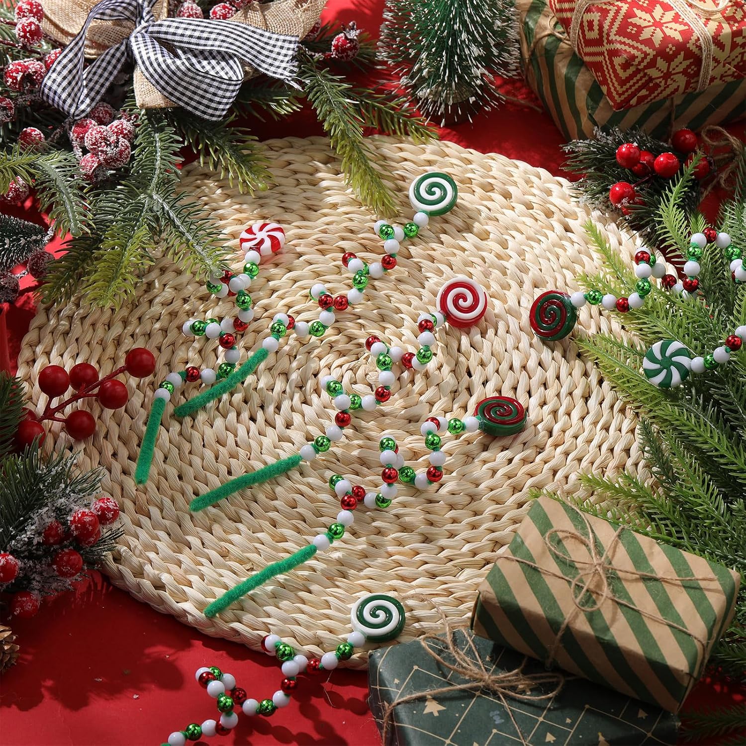 Tigeen 50 Pcs Christmas Candy Cane Pick Red Green White Christmas Tree Curly Pick Ornaments Xmas Candy Shape Tree Topper Decorations for Xmas Home Office Crafts Party