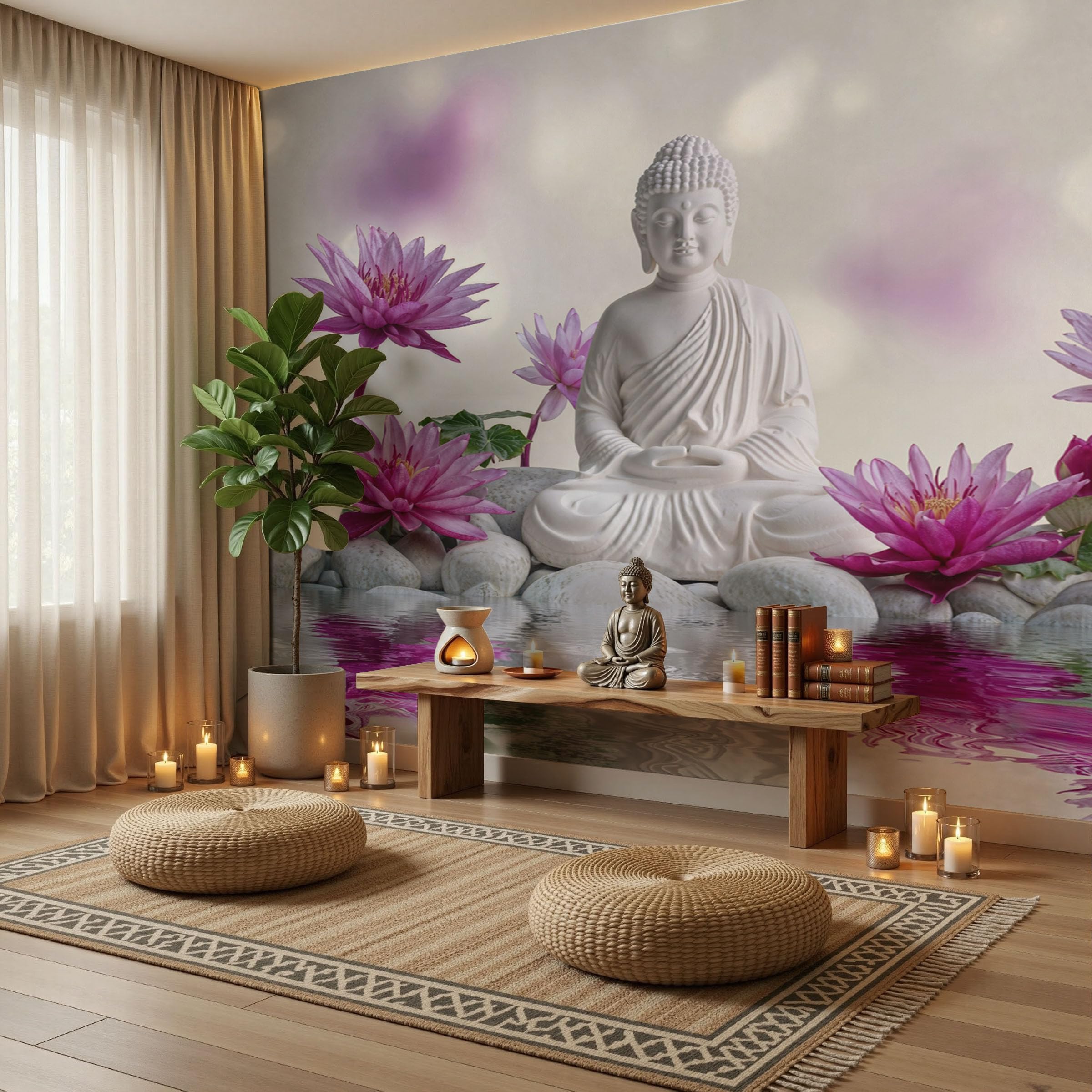 Carta da Parati Panoramica religioso ispirato allo Zen | Statua Buddha sull'acqua e ninfee Carta Da Parati Fotografica 250x175cm Da Parete Per Soggiorno Camera Da Letto Murali Seta Viola chiaro