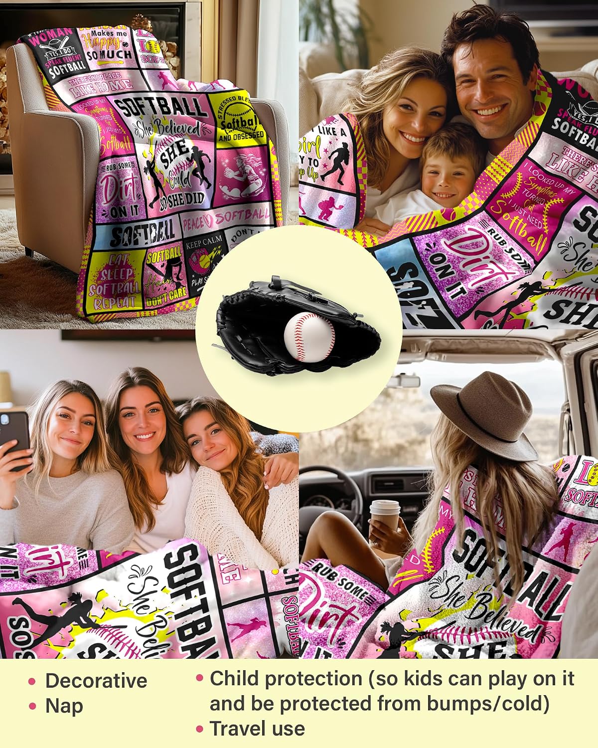 Softball Blanket for Girls, Softball Gifts for Girls, Softballs Lovers/Players Blankets, Softballs Accessories for Girl, Team, Blanket for Coaches, Pink Sport Player Blankets 50" x 60"