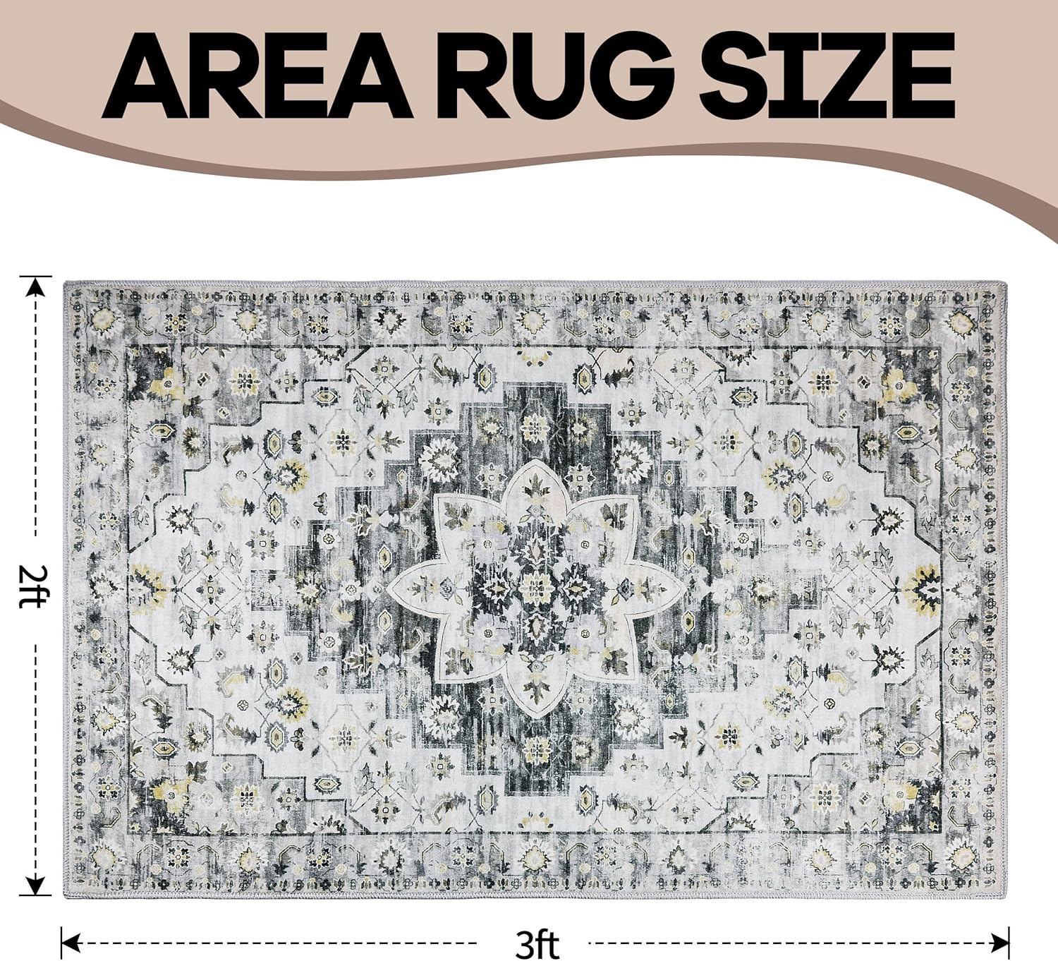 Washable Boho Area Rug 2x3ft Vintage Front Door Rug Non-Slip Soft Indoor Doormat Small Oriental Rug Low Pile Door Mat Bohemian Carpet for Entryway Living Room Kitchen Bedroom Bathroom (Fossil)