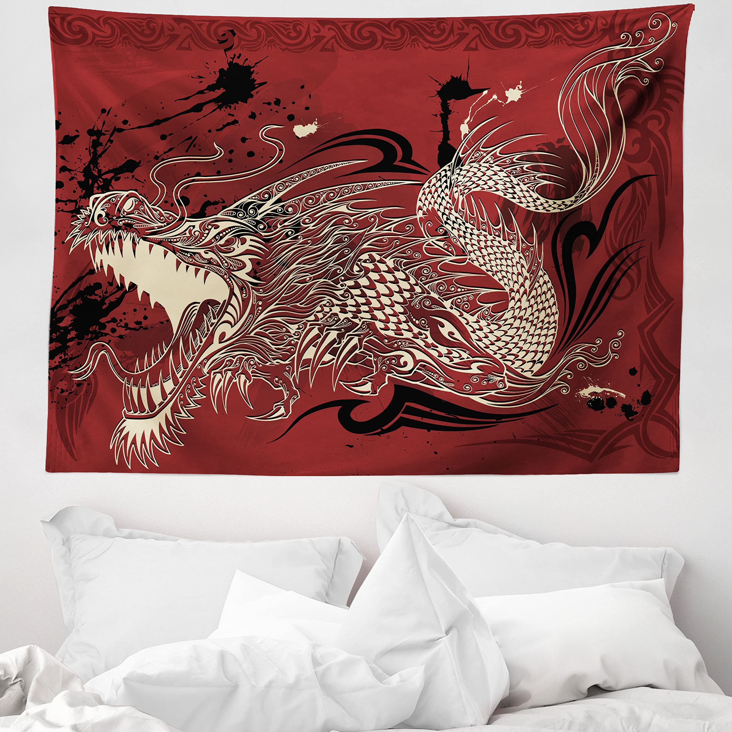 ABAKUHAUS, smok, Dekoracyjny gobelin, plakat na ścianę, Zły smok Doodle na tle grunge japoński Eastern Ethereal Drukowanie wzoru, Kości Słoniowej Ruby, 150x110cm