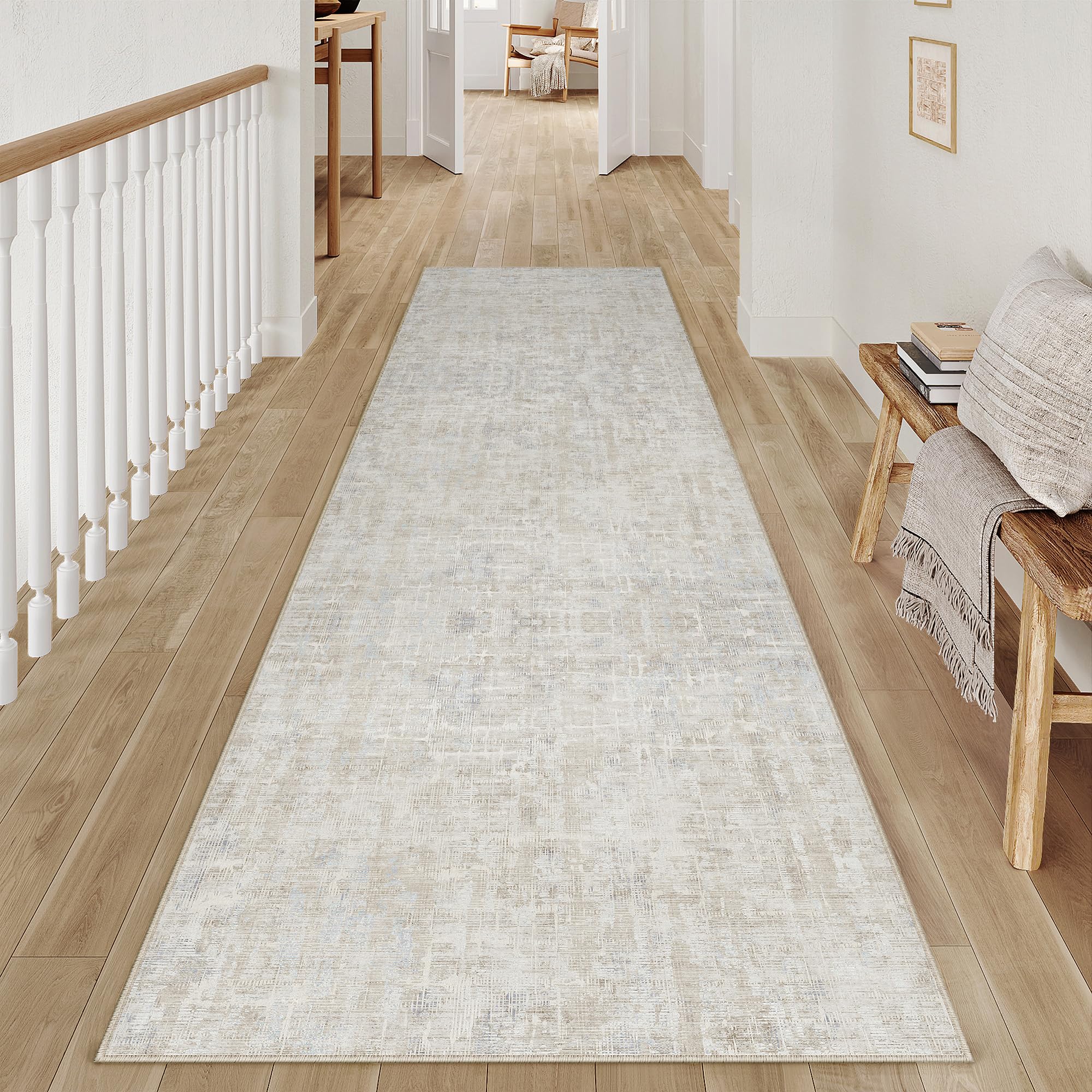 PureCozy Beige Grau Läufer Flur Teppich 60x240 Küchenteppich Waschbar rutschfest Abstrakt Boho Carpet Bettvorleger Schlafzimmer Esszimmer Büroteppich Kurzflor Weich Carpets