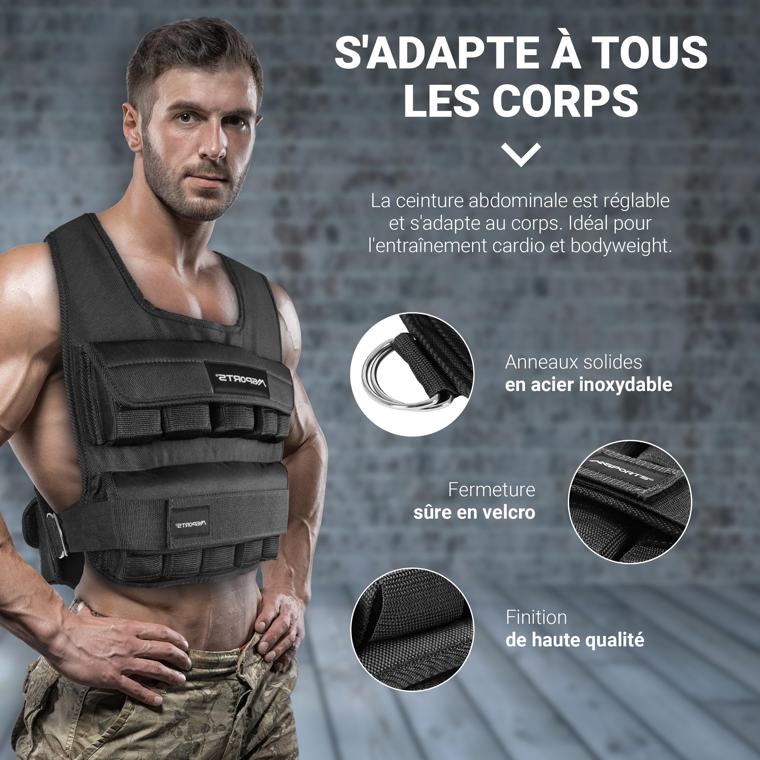MSPORTS Gilet lesté de qualité supérieure, réglable de 5 kg à 30 kg, pour l'entraînement et la musculation
