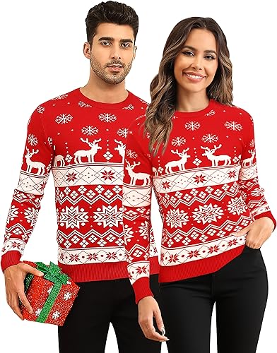 LecGee Suéteres de Navidad a juego para parejas, diseño de copos de nieve, renos feos para hombres y mujeres