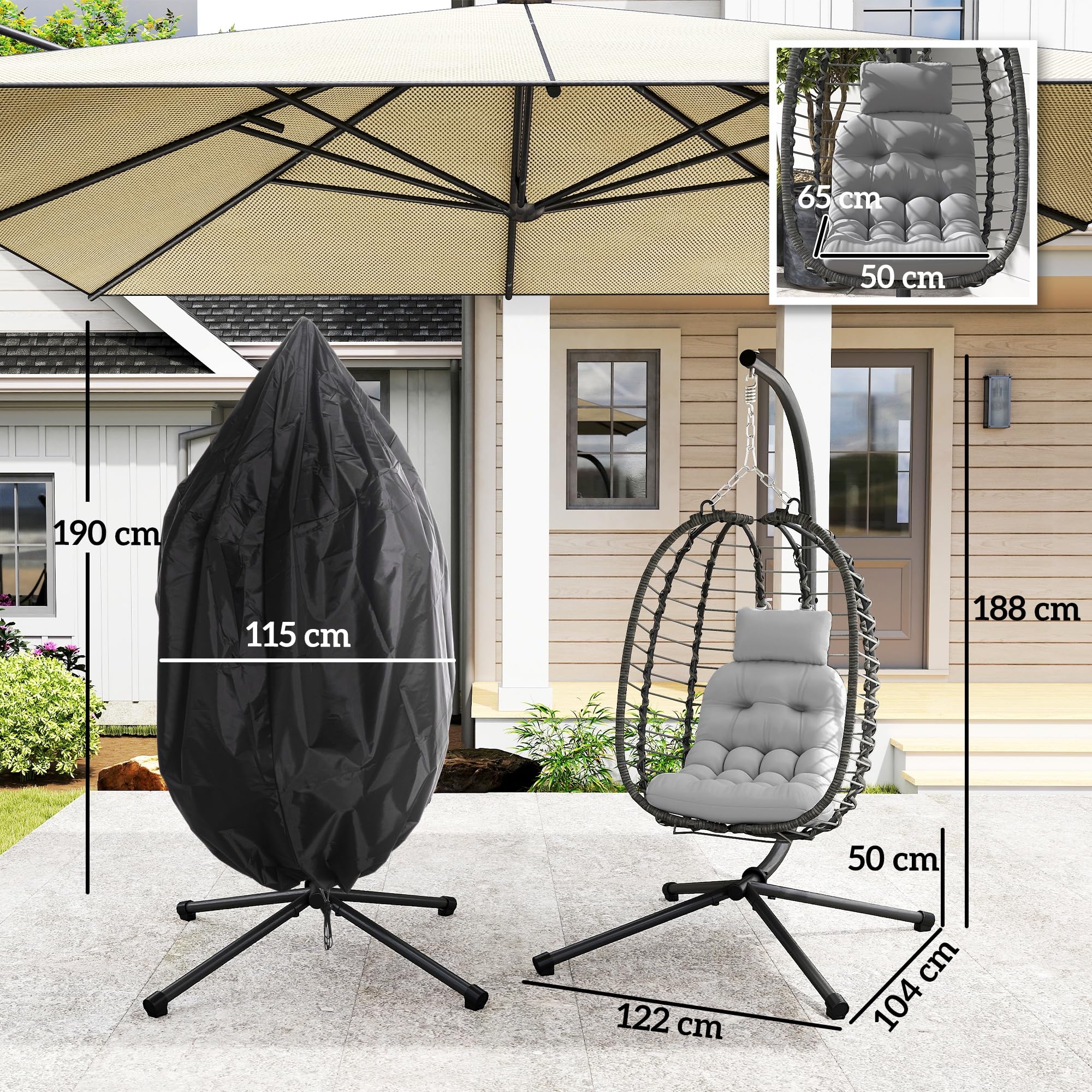 Outsunny Fauteuil Suspendu Pliable en résine tressée Support Gris et Noir