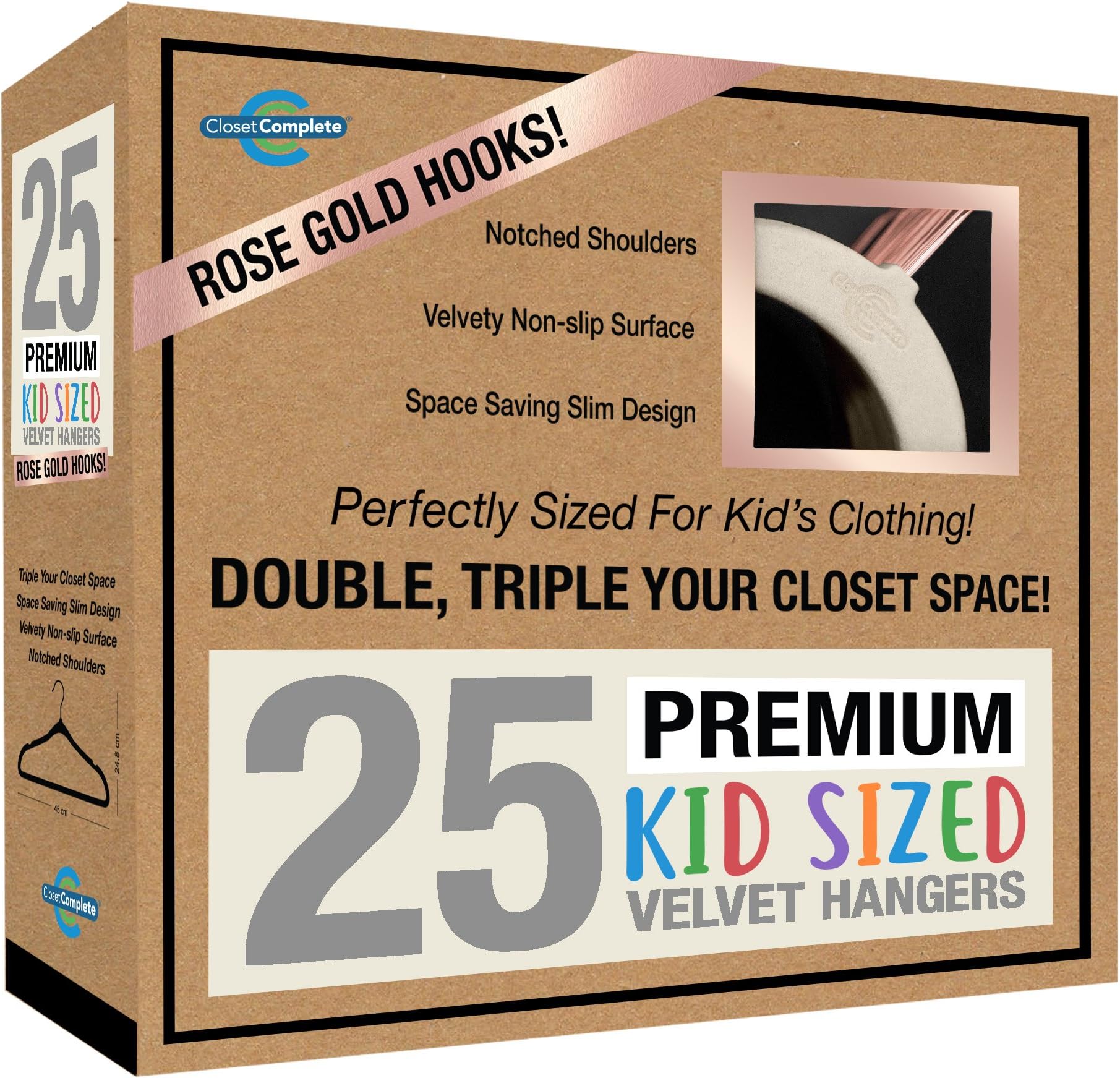 Closet Complete Kids Size, Premium Heavyweight, Virtually-UNBREAKABLE, Velvet Hangers, Ultra-Thin, Space Saving, No-Slip, Best Size For Kids 4-15 years, 360º Spin, Rose Gold Hooks, Ivory, Set of 25