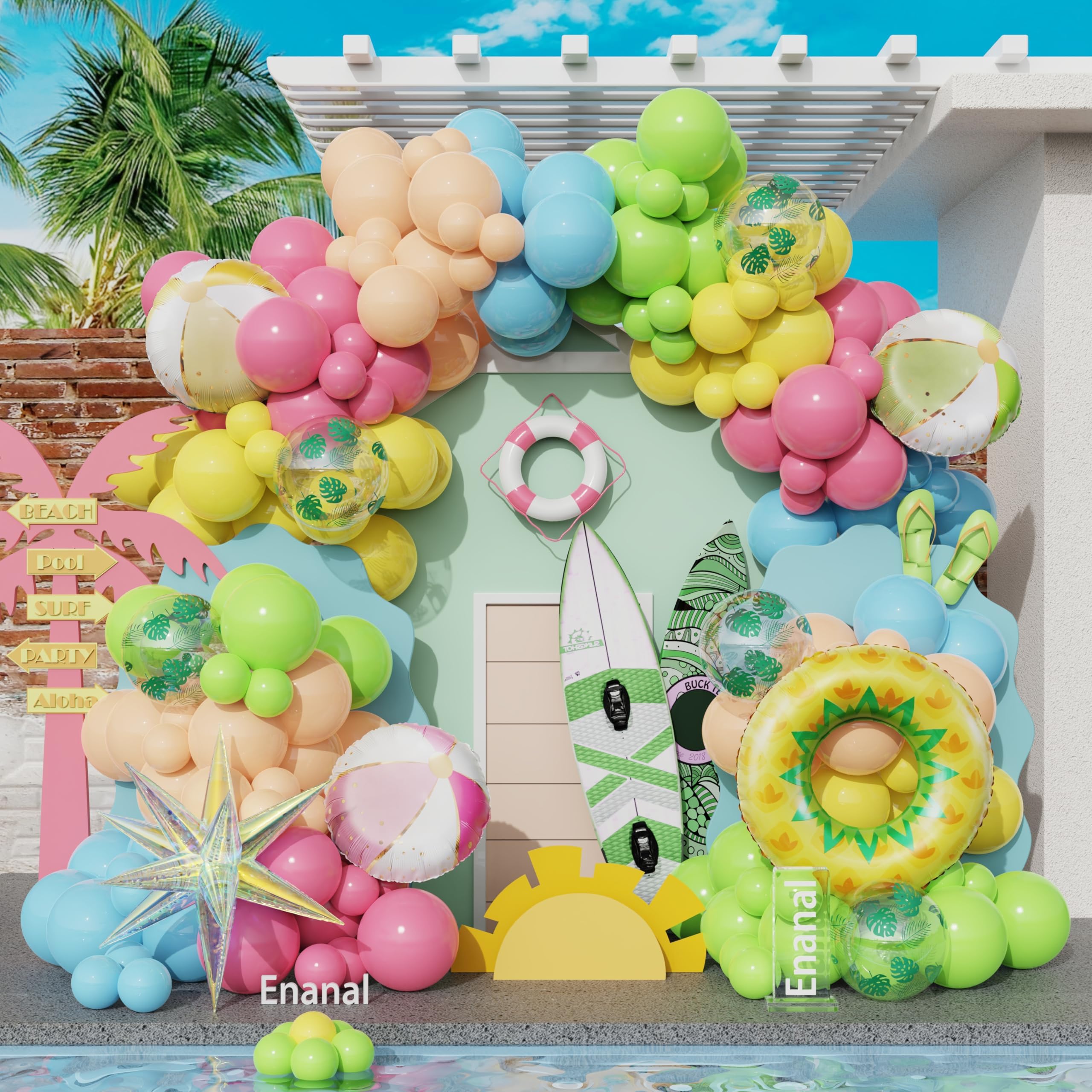 Summer Pool Party Decorations, Tropical 162pcs Pastel Colorful Balloons with Beach Ball Swimming Ring Foil Balloon for Splish Splash Birthday Hawaiian