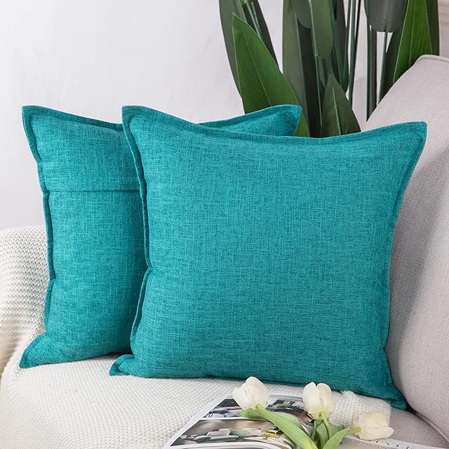 Madizz Set of 2 Linen Cushion Covers 16x16 Inch Teal Soft Decorative Throw Pillow Cases for Sofa Bedroom Pillow Shell