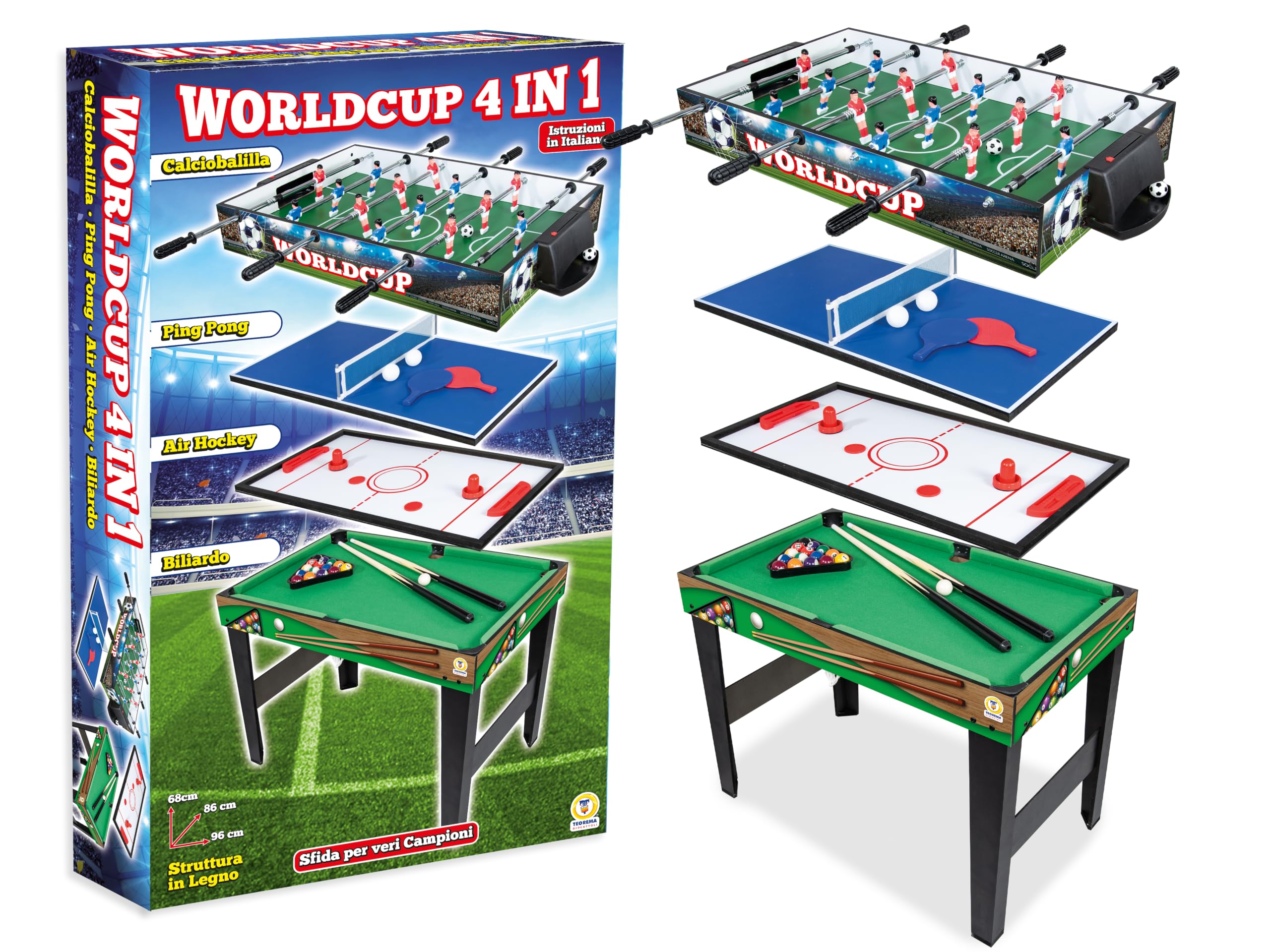 Teorema Giocattoli - Table de Jeu 4 en 1 en Bois, Football, ping-Pong, air Hockey, Billard, Dimensions 96 x 86 x 68 cm, 67359