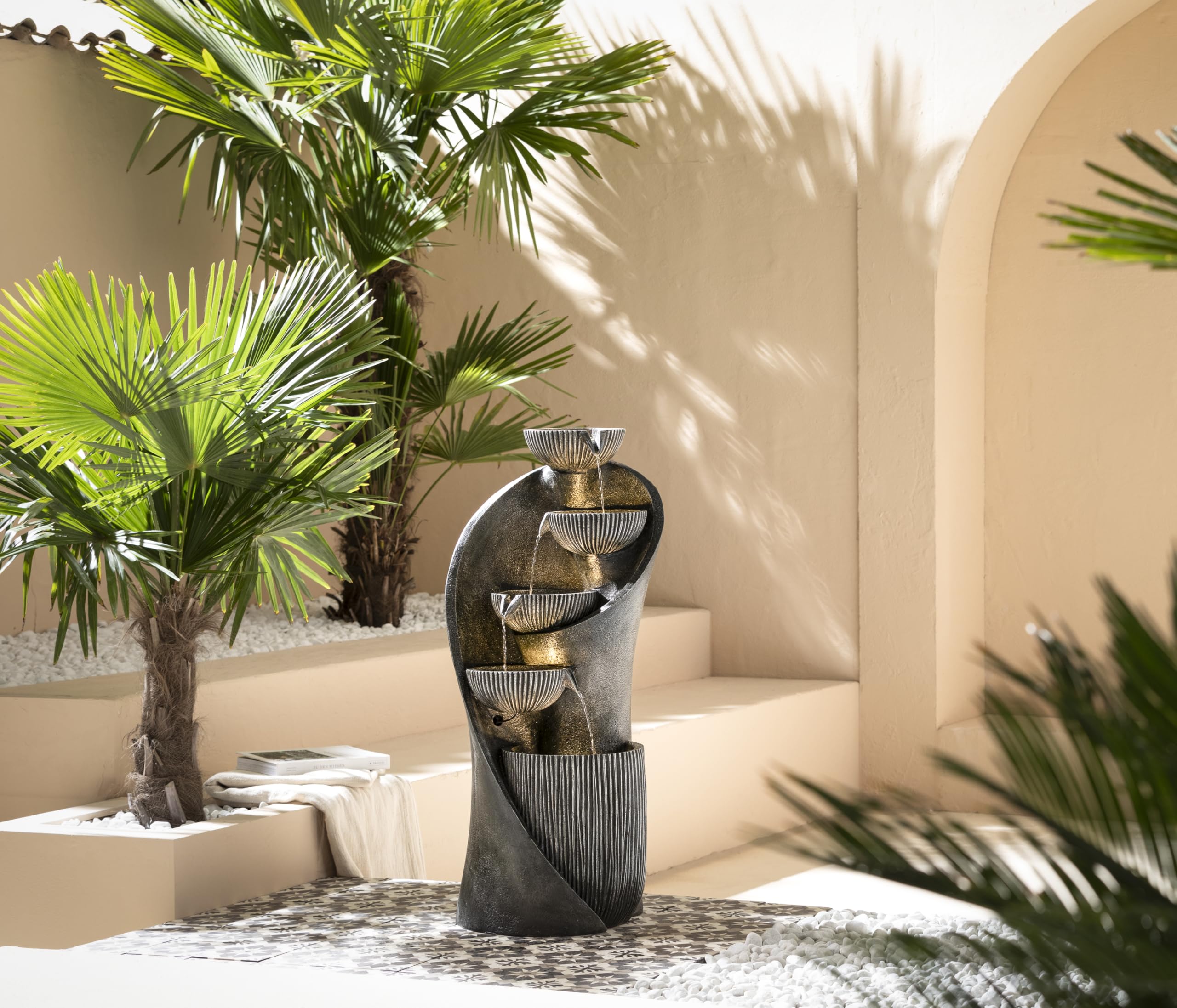 Dehner Gartenbrunnen Atlas, Terassenbrunnen frostbeständig, Brunnen für Außen, mit LED Beleuchtung, ca. 97 x 43.5 x 43.5 cm, Polyresin, grau