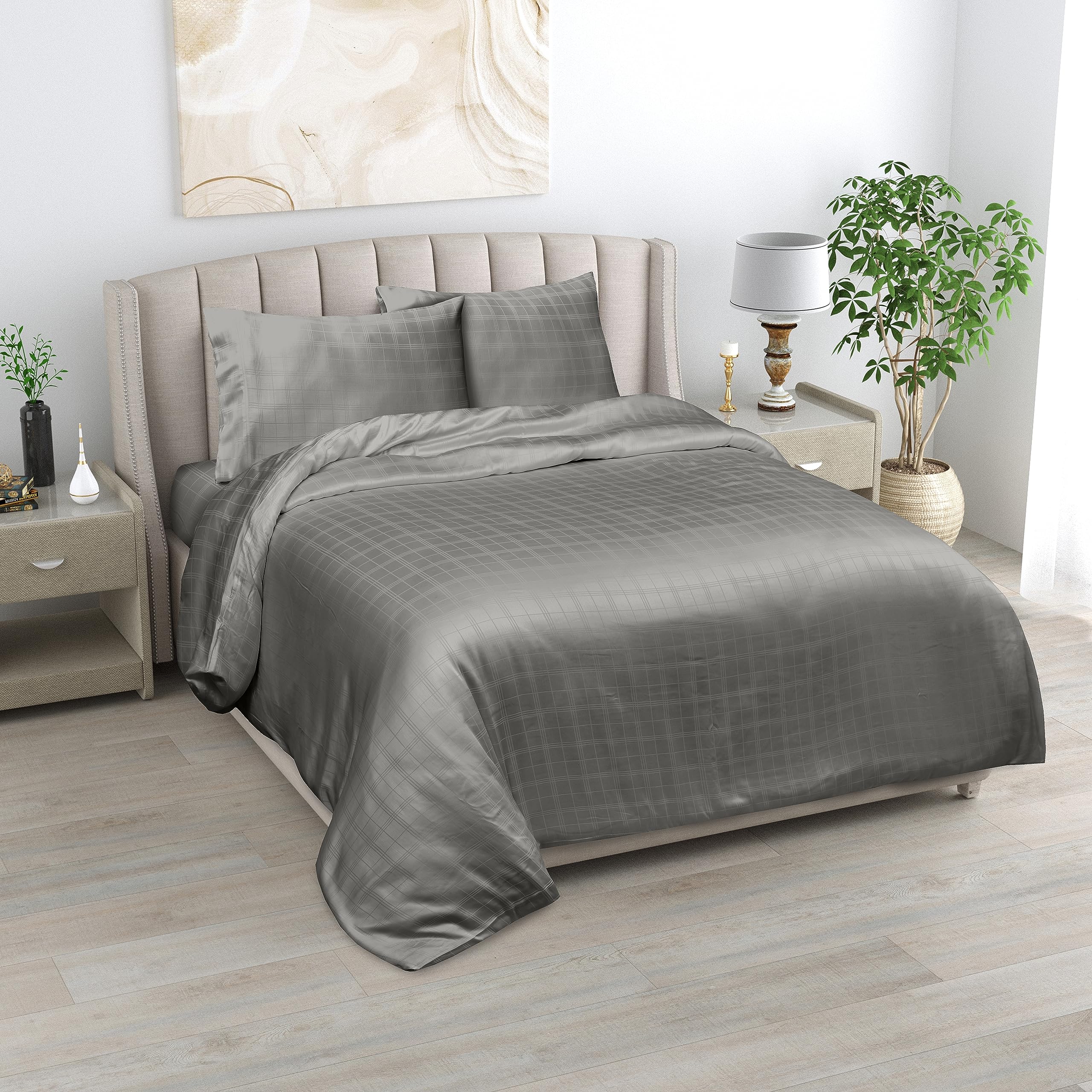 LINENWALAS 100% Natural Bamboo Designer Checks 3-Piece Duvet Cover Set With Zipper and Corner Ties- Softest Cool Bedding Perfect for Skincare (Double, Dark Grey) โ image 1