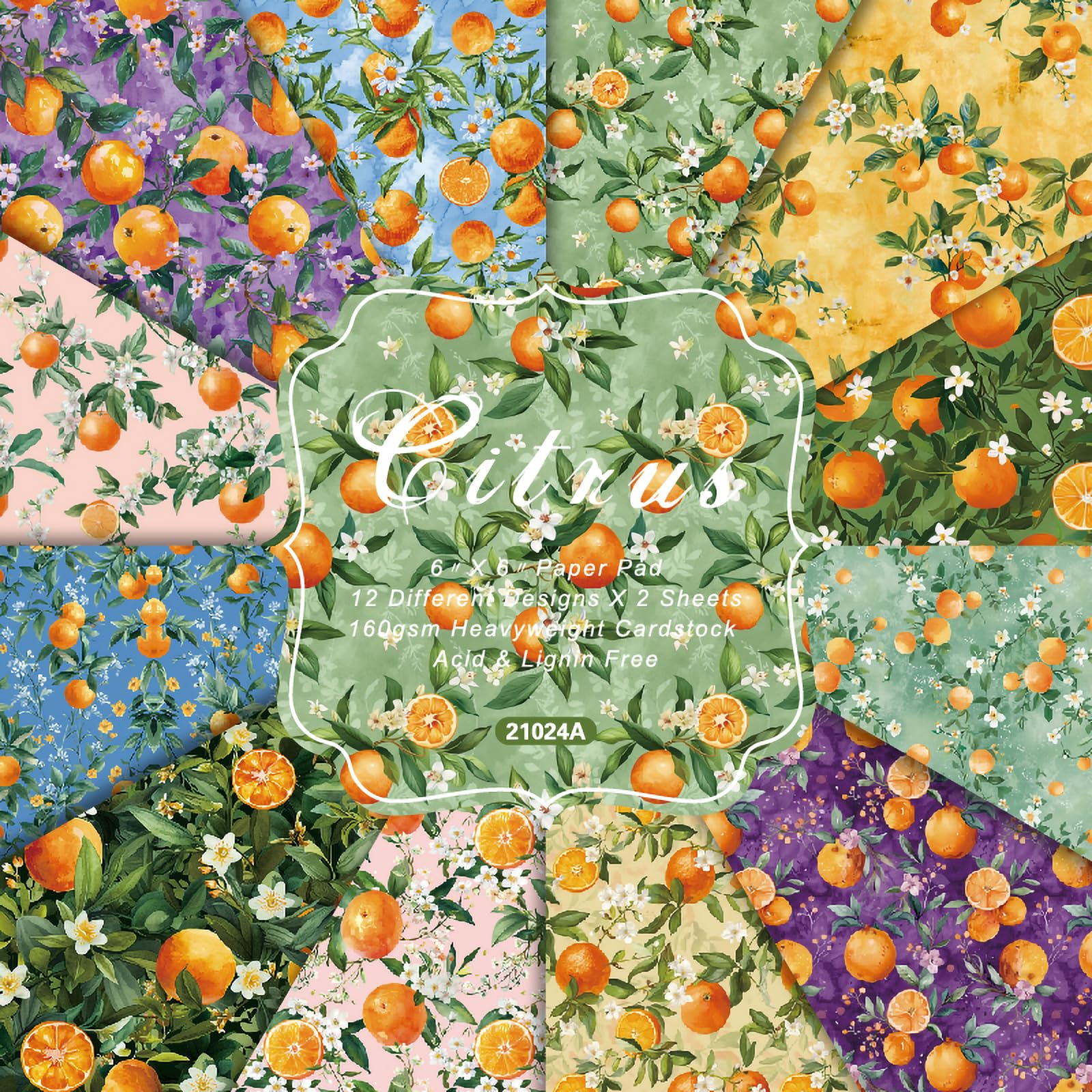 24 Sheets 6'' x 6'' Fruit Pattern Scrapbook Paper One Sided Cardstock for DIY Photo Album Card Making Decorative Paper (orange)