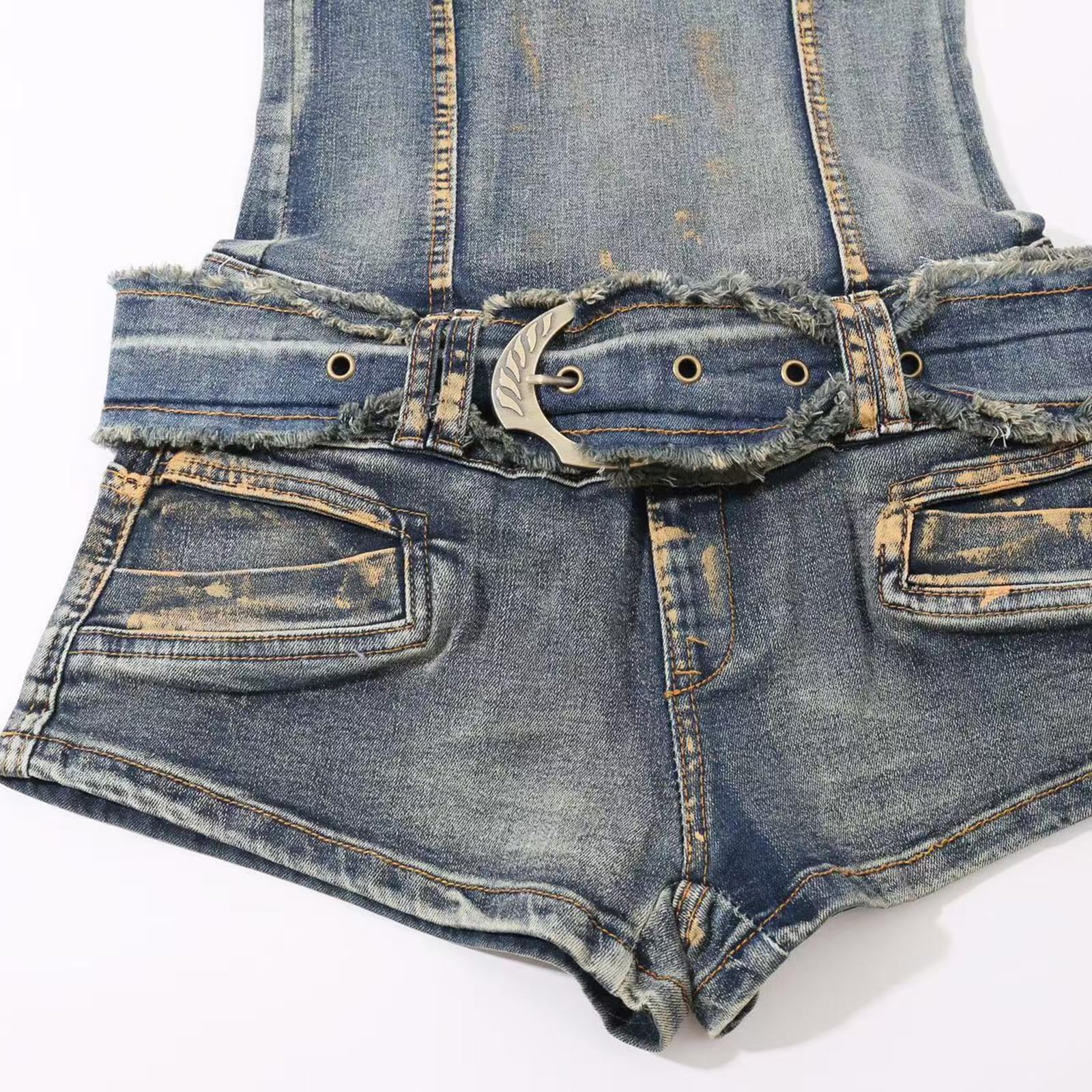 Damskie dżinsowe pajacyki z rękawami Sexy Bodycon Distressed Podarte paski Y2k Krótkie kombinezony dżinsowe