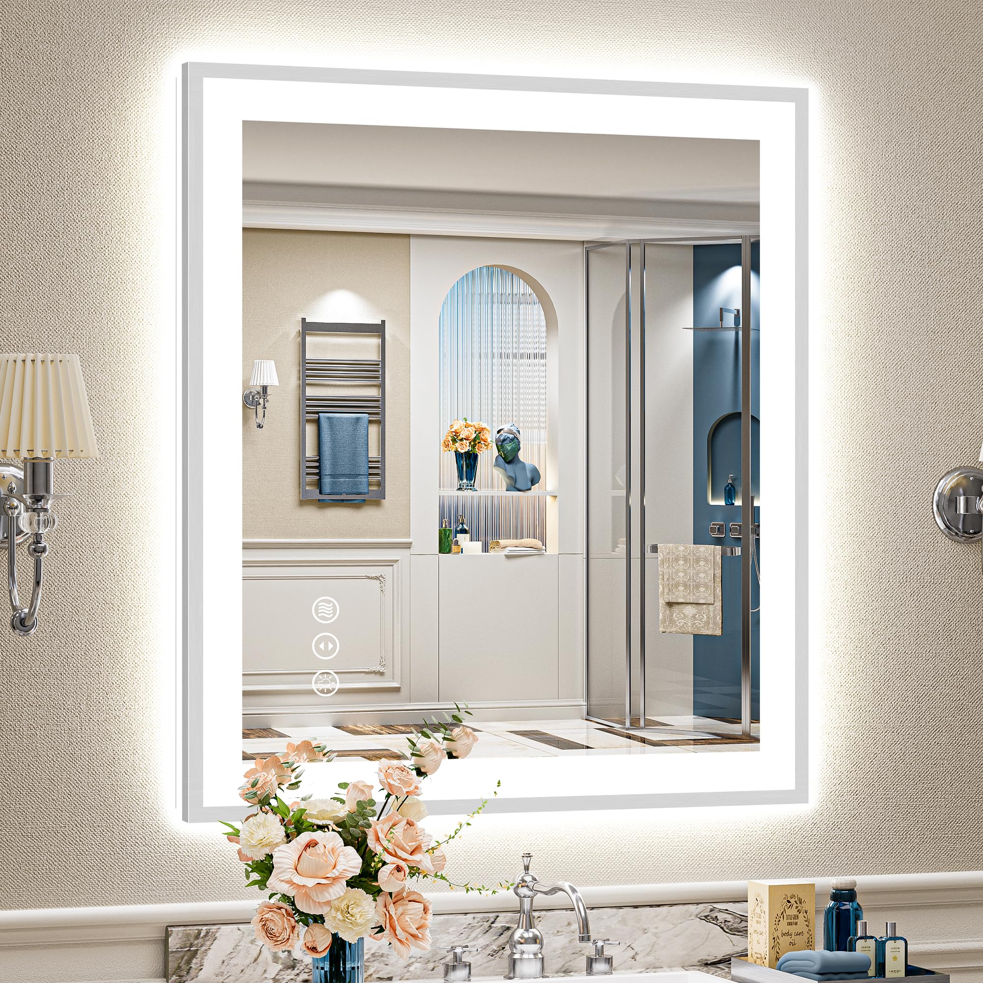 30x36 Inch Brushed Nickel LED Bathroom Mirror, Backlit &amp; Front-Lit | Silver Framed Lighted Vanity Mirror, Dimmable, 3-Color Light, Memory, CRI95, Tempered Glass, UL Listed, Horizontal/Vertical